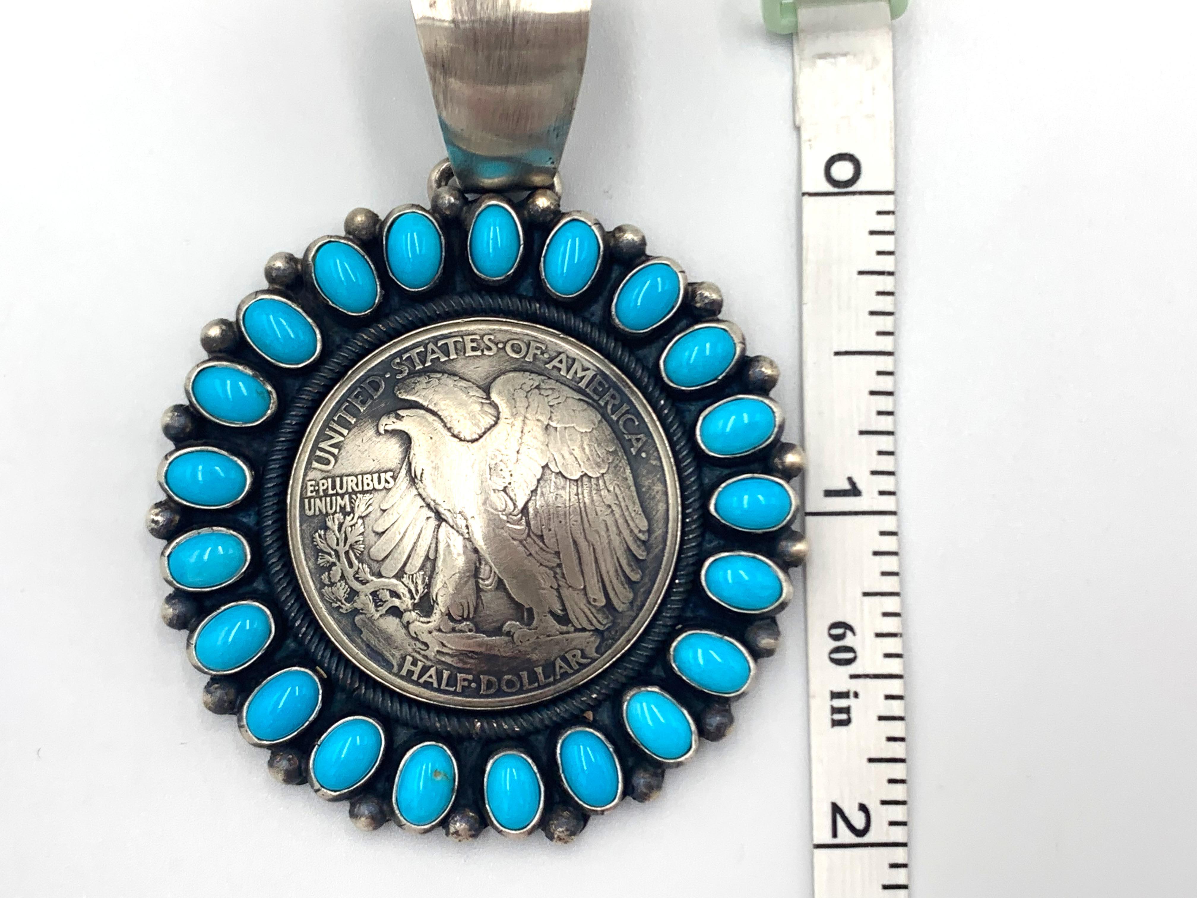 Sleeping Beauty Turquoise & Vintage Half Dollar Pendant by Paul Livingston For Sale 3