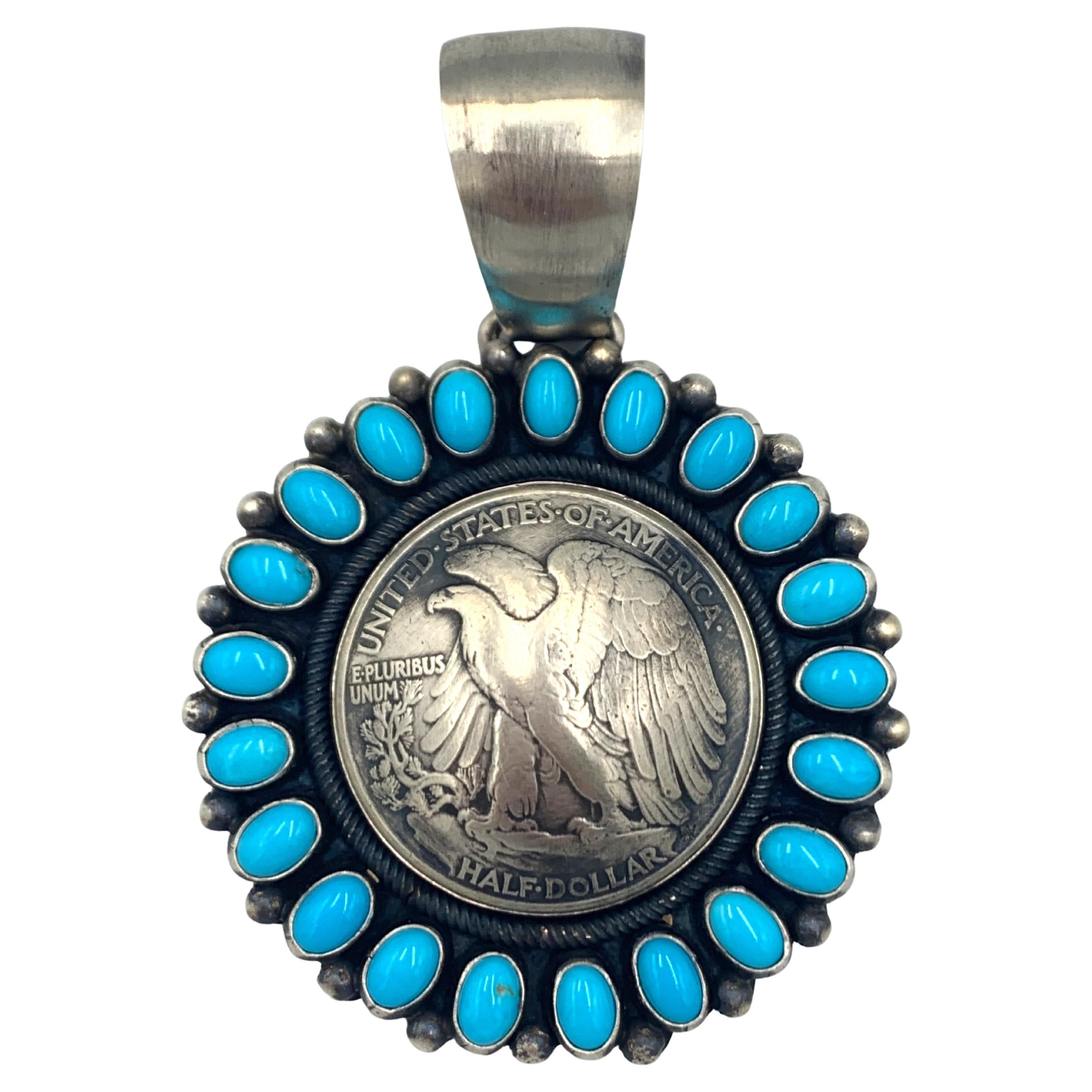 Sleeping Beauty Turquoise & Vintage Half Dollar Pendant by Paul Livingston For Sale