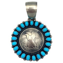 Sleeping Beauty Turquoise & Vintage Half Dollar Pendant by Paul Livingston