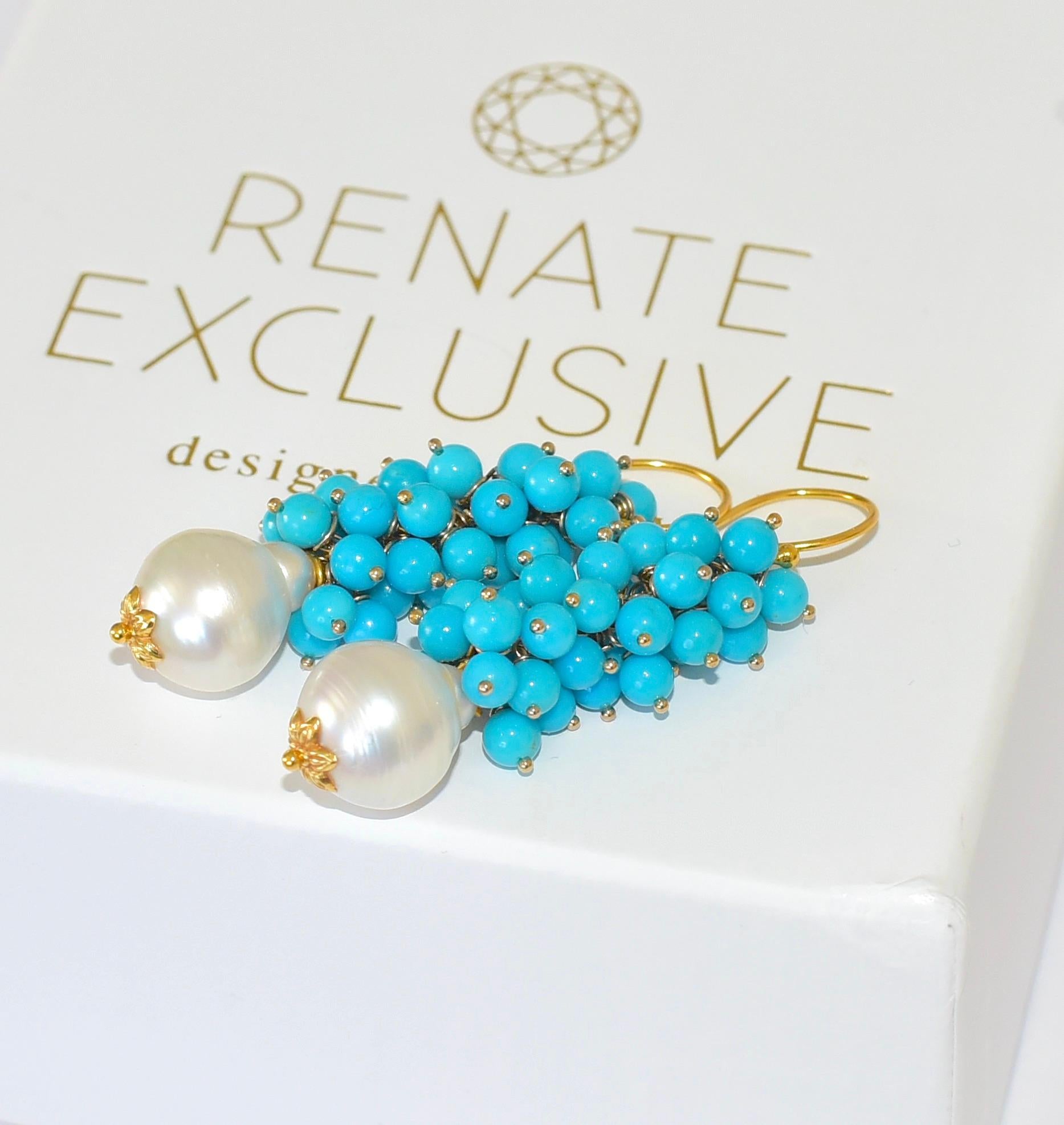 Artisan Sleeping Beauty Turquoise, South Sea Baroque Pearl Earrings in 18K Solid Gold
