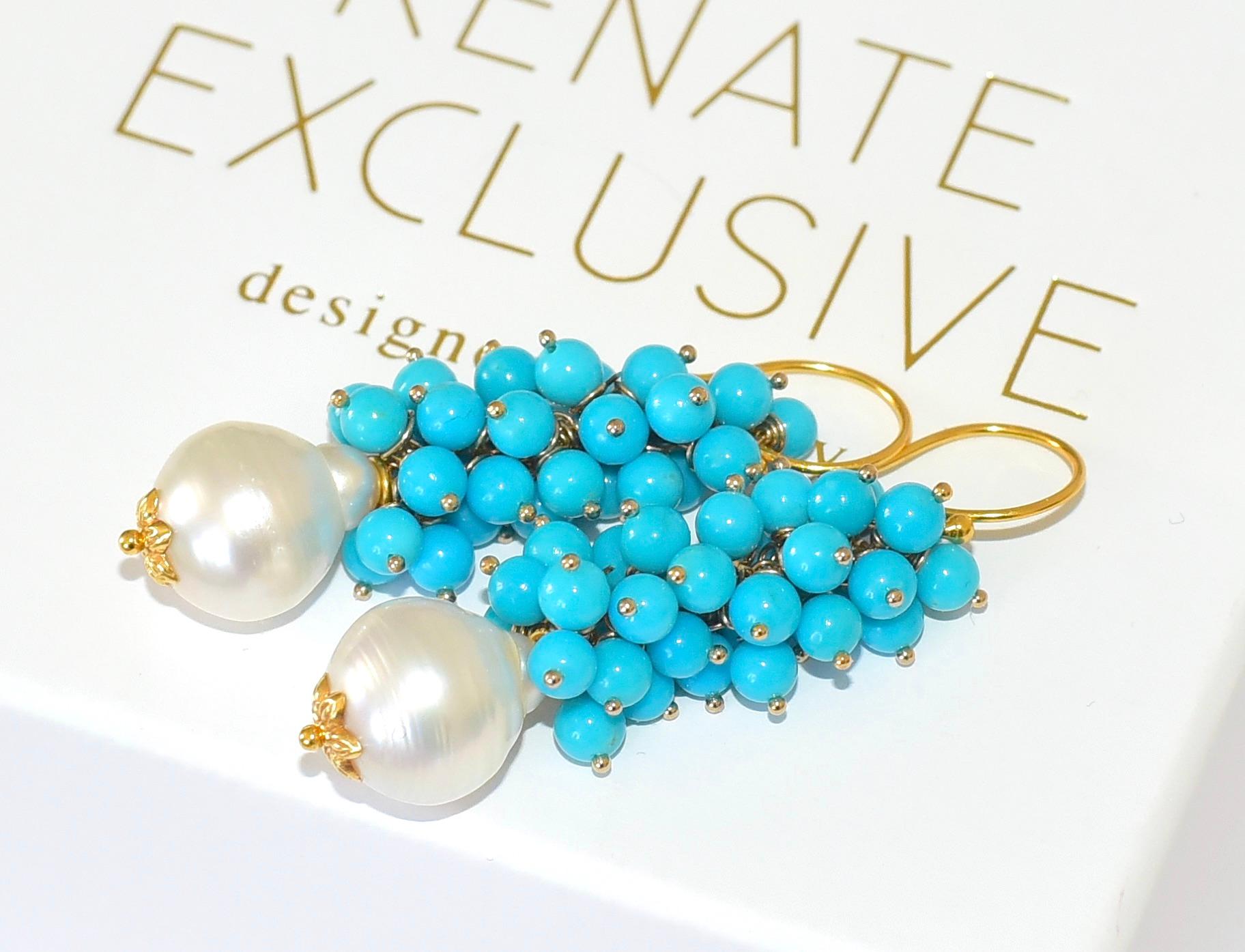 Bead Sleeping Beauty Turquoise, South Sea Baroque Pearl Earrings in 18K Solid Gold
