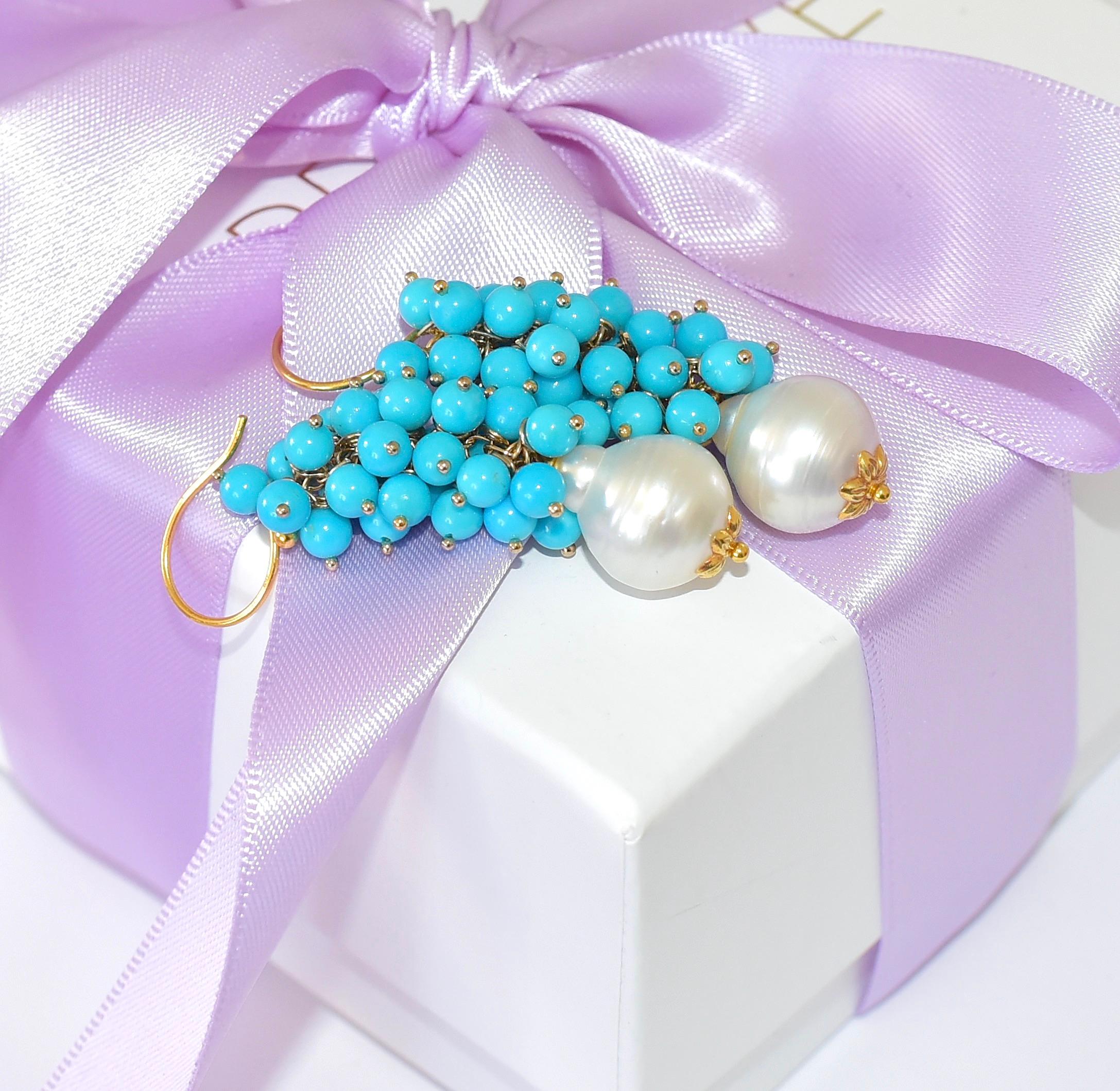 Sleeping Beauty Turquoise, South Sea Baroque Pearl Earrings in 18K Solid Gold In New Condition In Astoria, NY