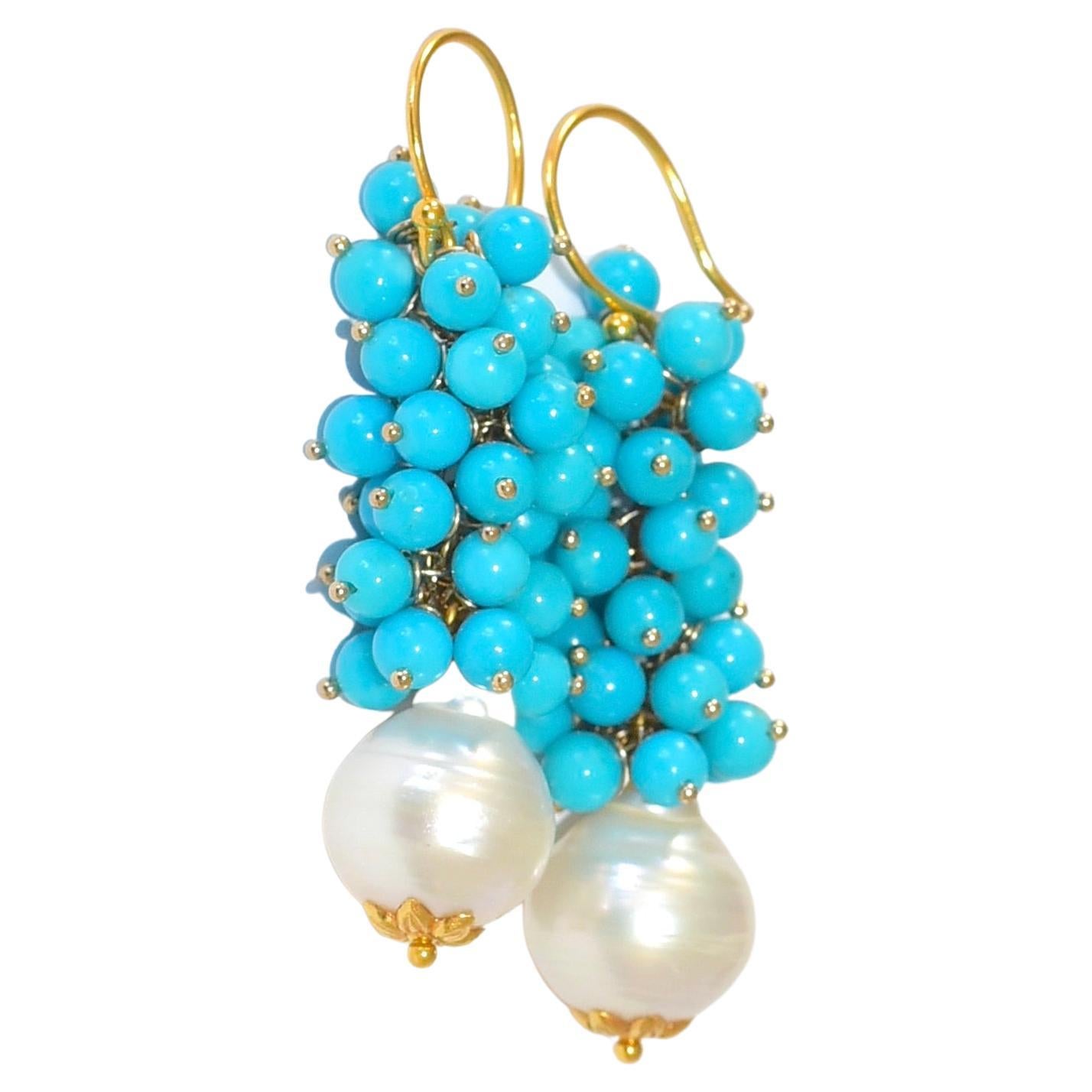 Sleeping Beauty Turquoise, South Sea Baroque Pearl Earrings in 18K Solid Gold