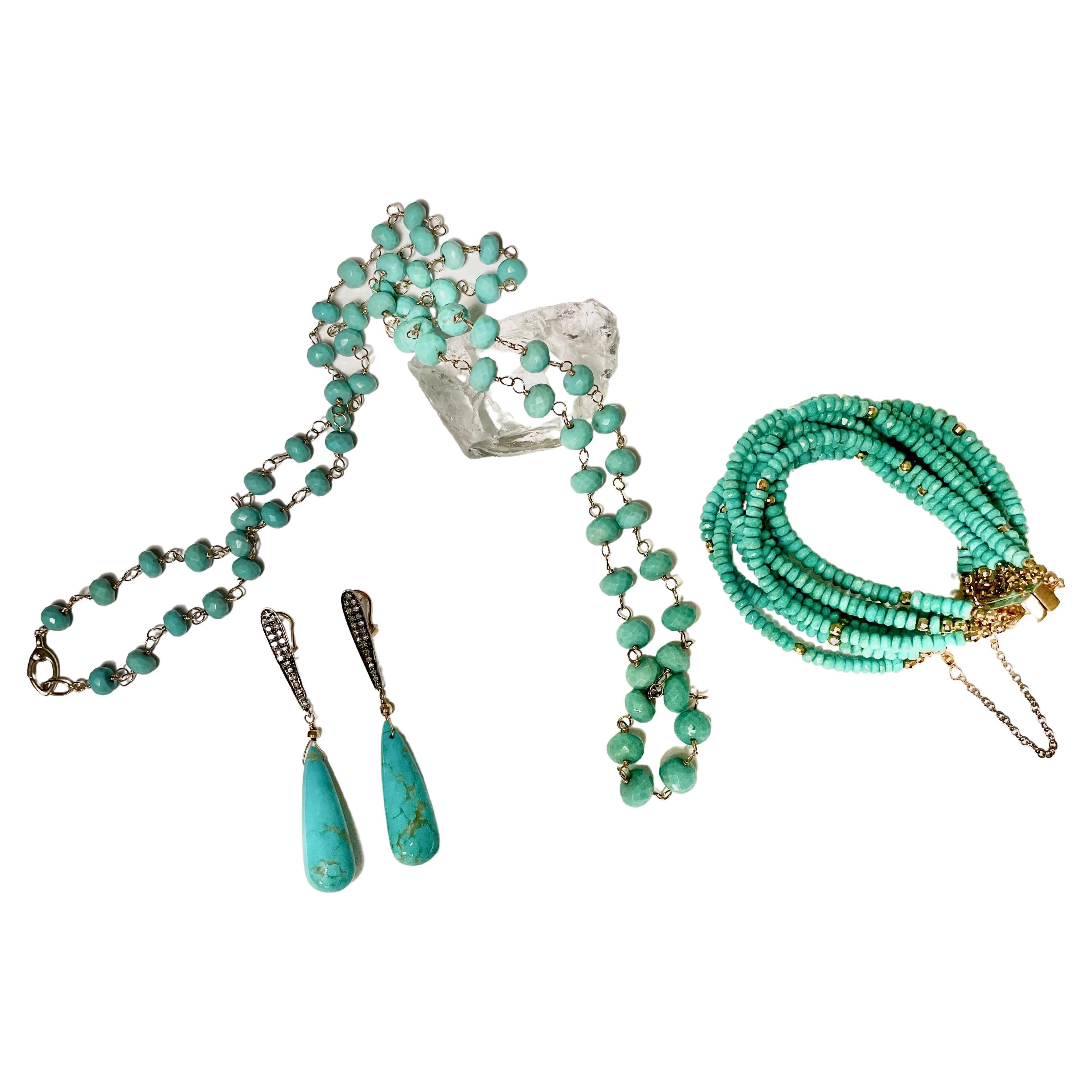 Description
Sleeping Beauty Turquoise 123 carats, accented with 14k balls. Unique, strong magnetic pave diamond vermeil clasp for ease of use, secured with safety chain, ten strand bracelet.                    
Item # B1251
Check out matching
