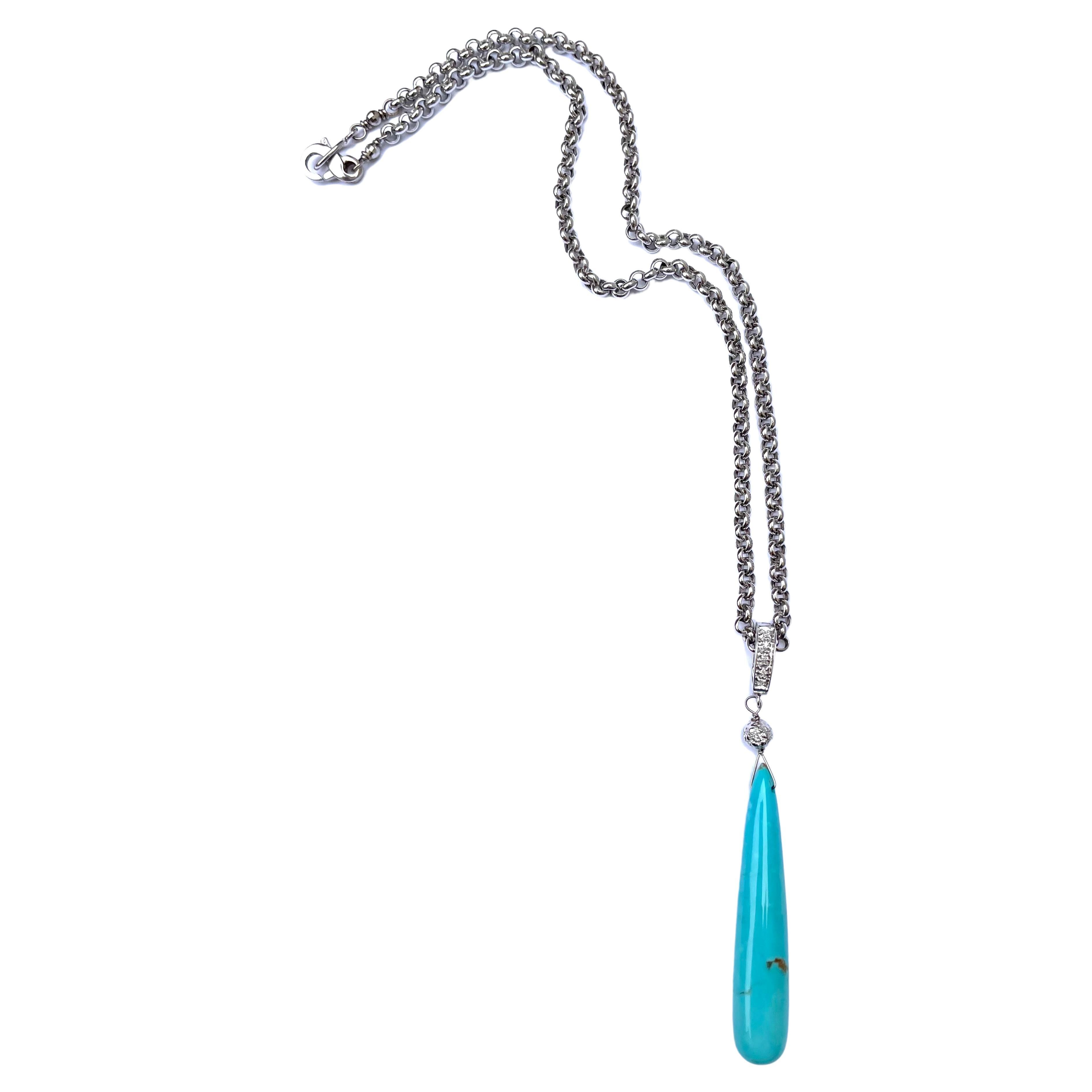 Pear Cut Sleeping Beauty Turquoise with Diamonds Chain Necklace For Sale