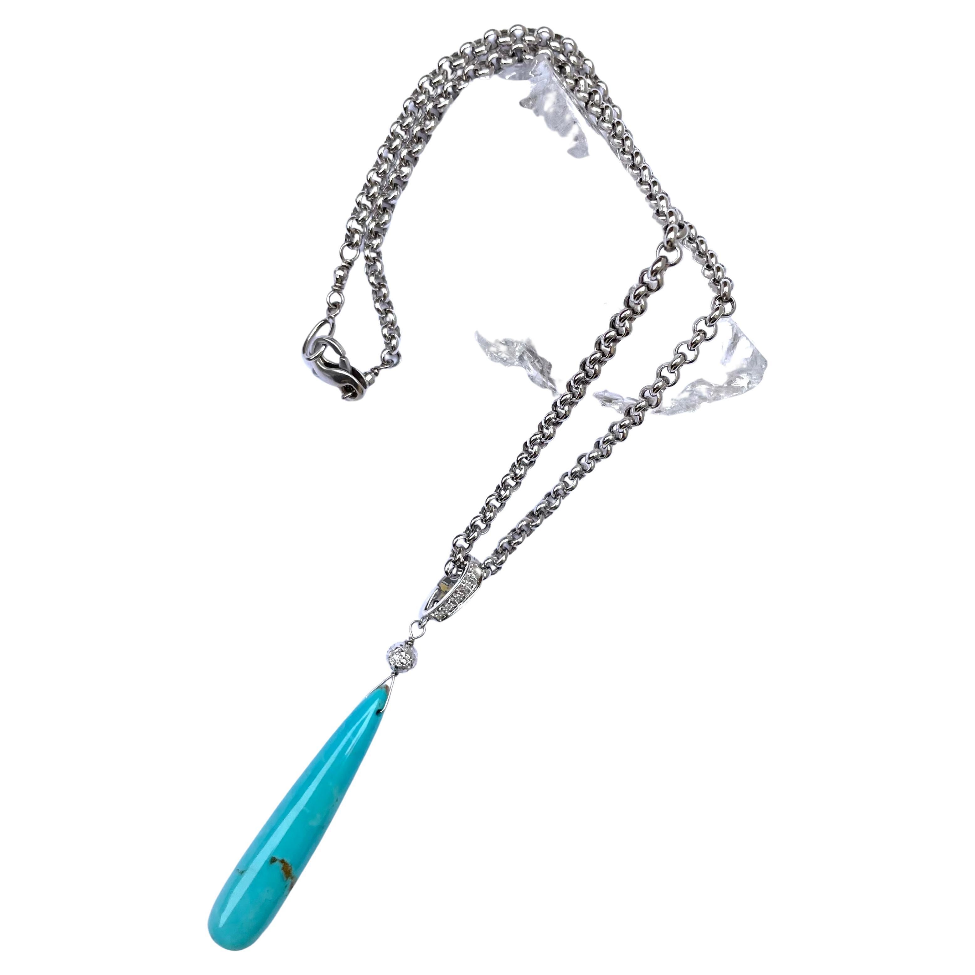 Sleeping Beauty Turquoise with Diamonds Chain Necklace In New Condition For Sale In Laguna Beach, CA