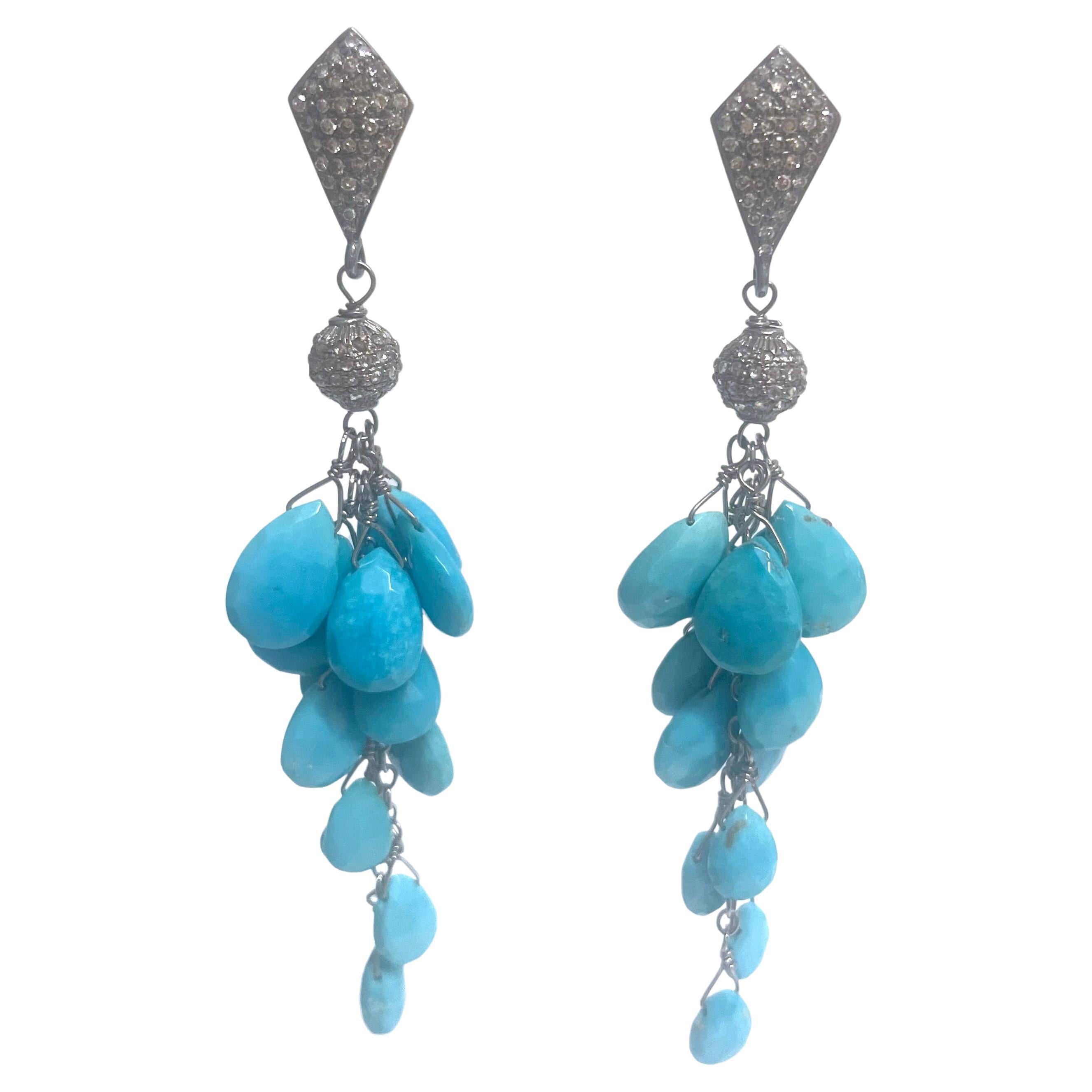  Sleeping Beauty Turquoise with Pave Diamonds Cluster Paradizia Earrings For Sale 4