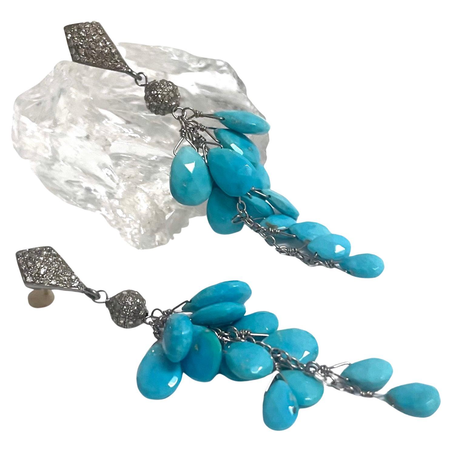  Sleeping Beauty Turquoise with Pave Diamonds Cluster Paradizia Earrings For Sale 5
