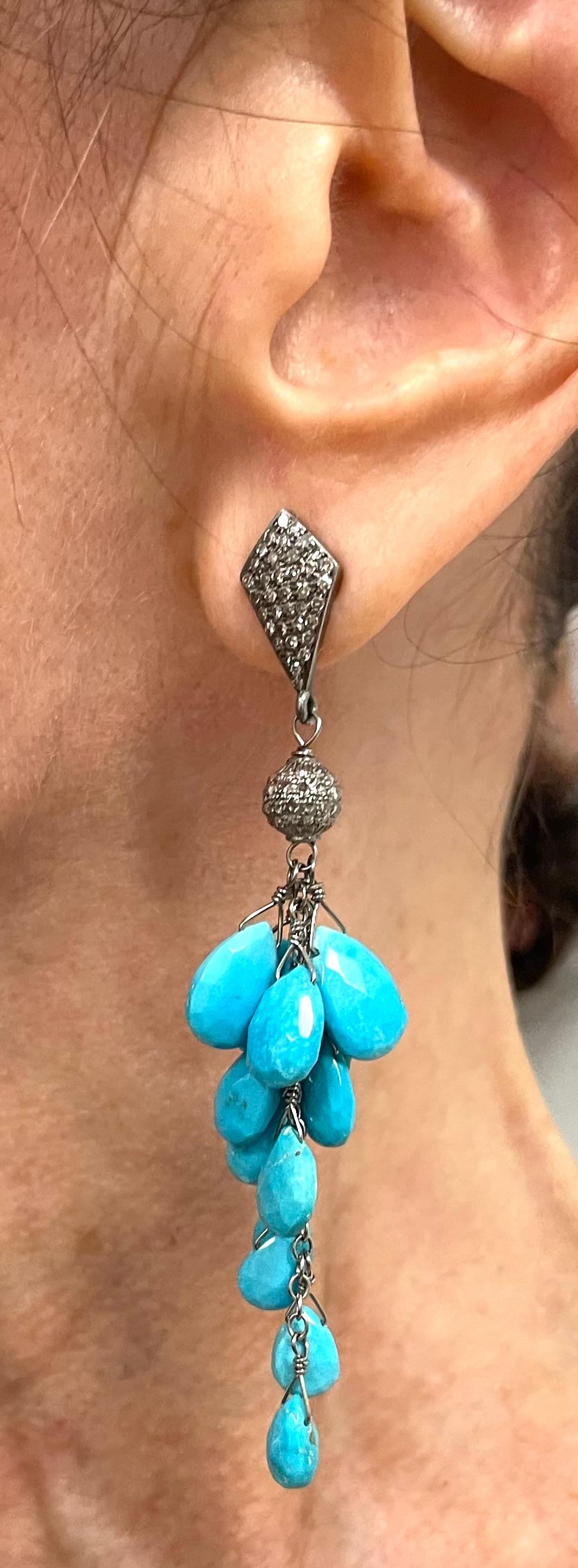  Sleeping Beauty Turquoise with Pave Diamonds Cluster Paradizia Earrings For Sale 6