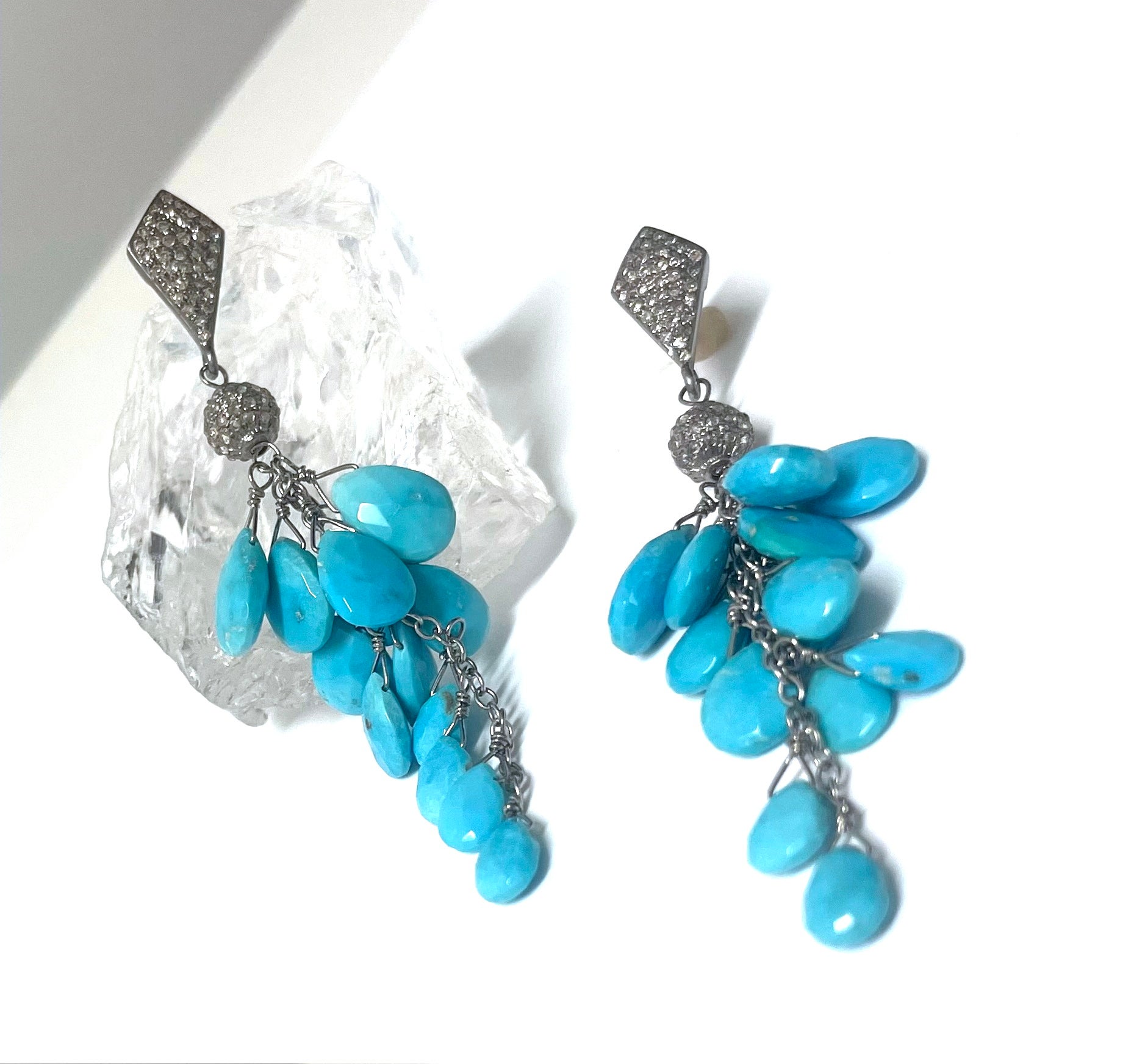  Sleeping Beauty Turquoise with Pave Diamonds Cluster Paradizia Earrings For Sale 7
