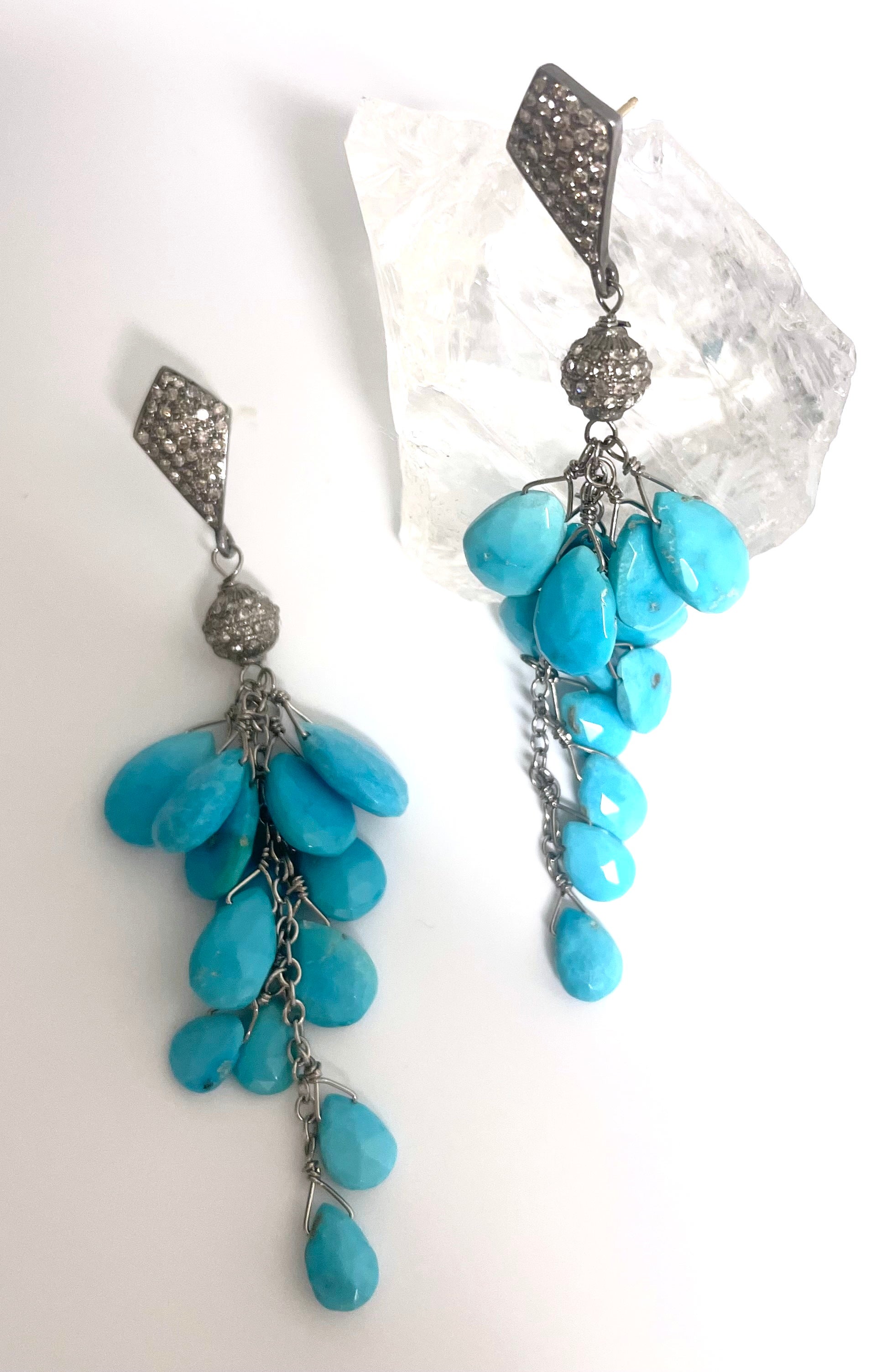  Sleeping Beauty Turquoise with Pave Diamonds Cluster Paradizia Earrings For Sale 8