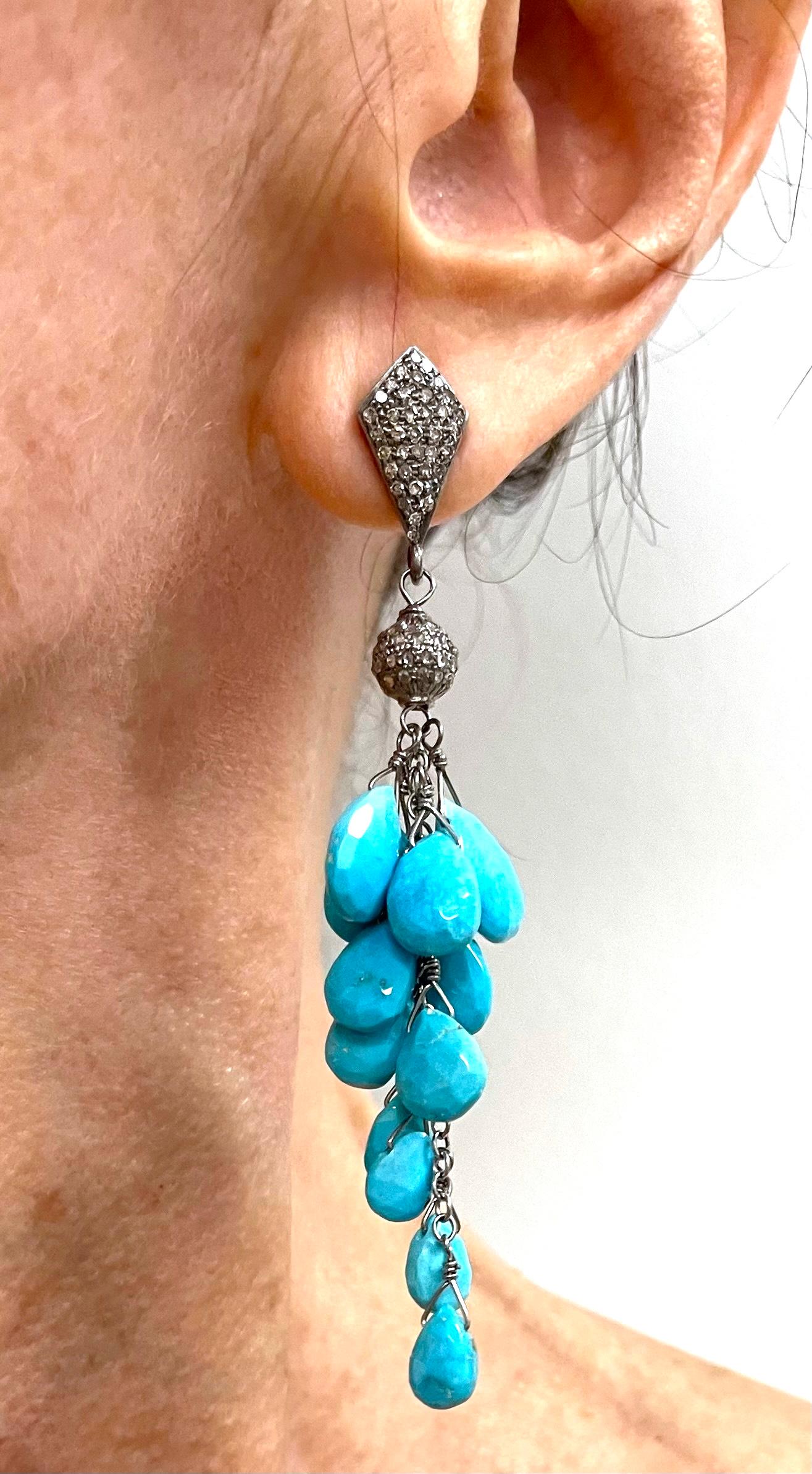  Sleeping Beauty Turquoise with Pave Diamonds Cluster Paradizia Earrings For Sale 9
