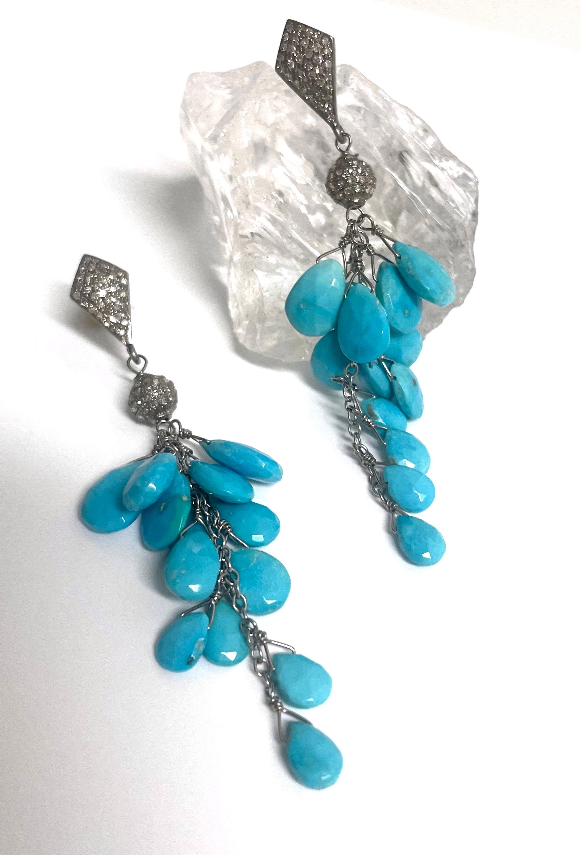 Sleeping Beauty Turquoise with Pave Diamonds Cluster Paradizia Earrings For Sale 10
