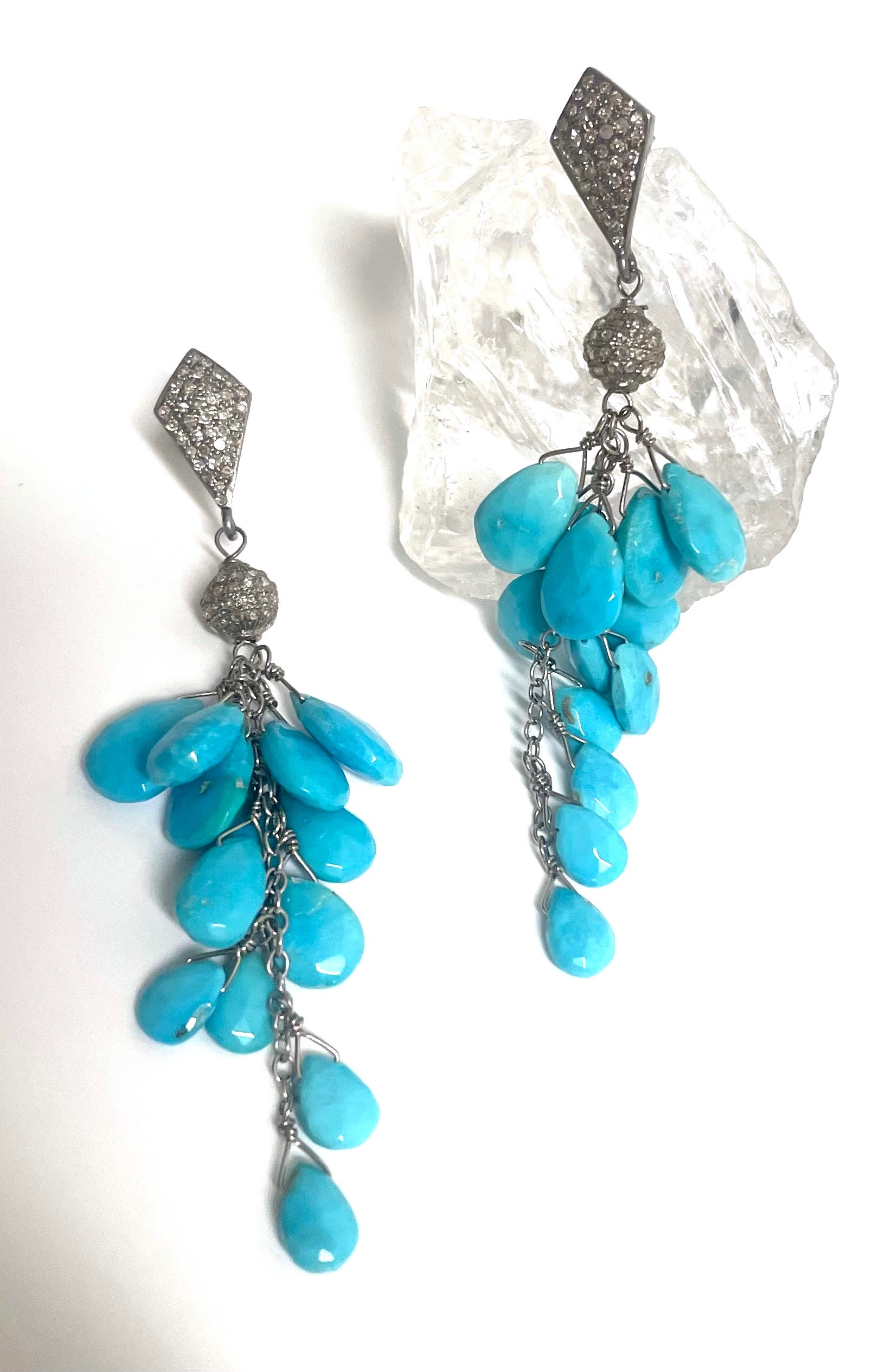 Artisan  Sleeping Beauty Turquoise with Pave Diamonds Cluster Paradizia Earrings For Sale