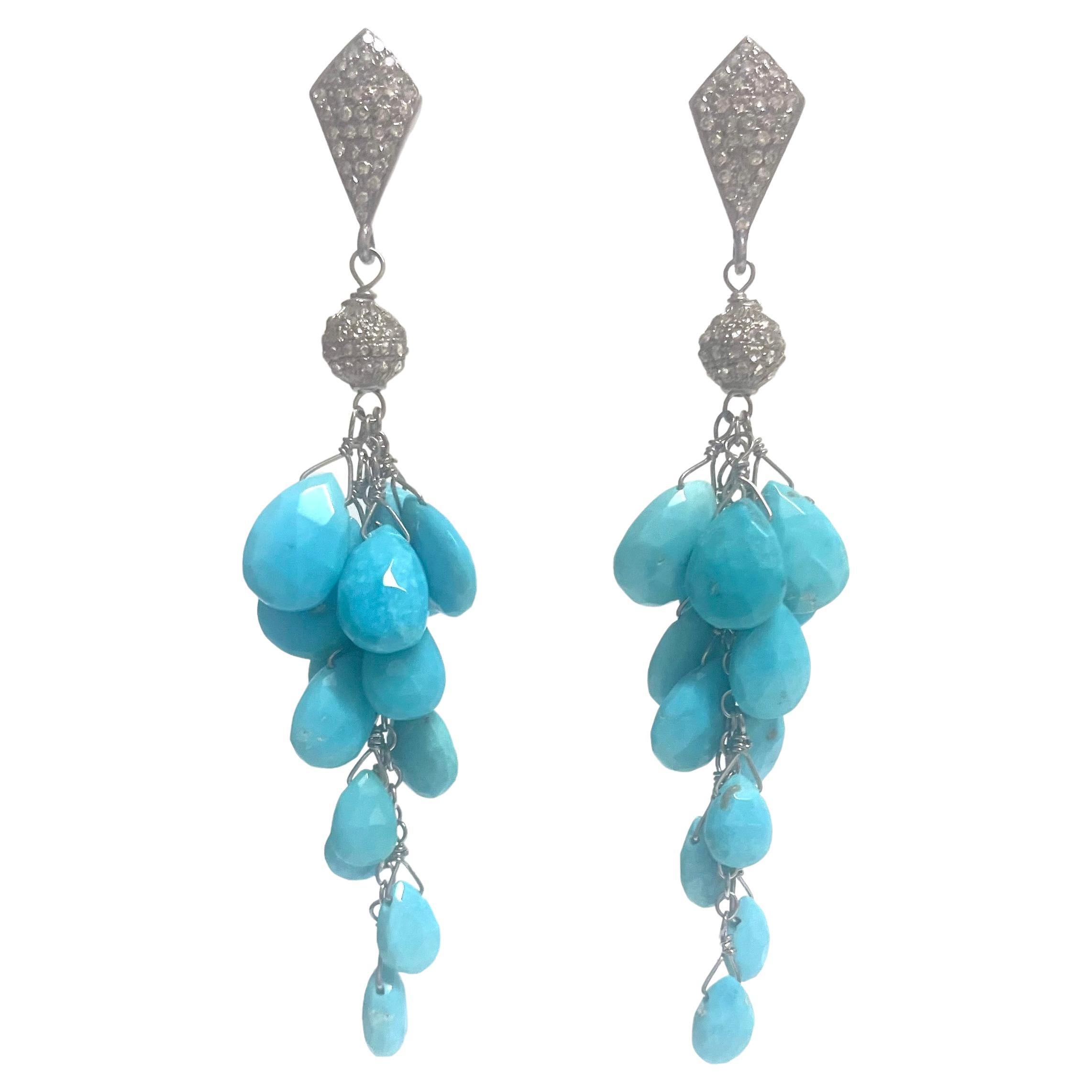 Pear Cut  Sleeping Beauty Turquoise with Pave Diamonds Cluster Paradizia Earrings For Sale