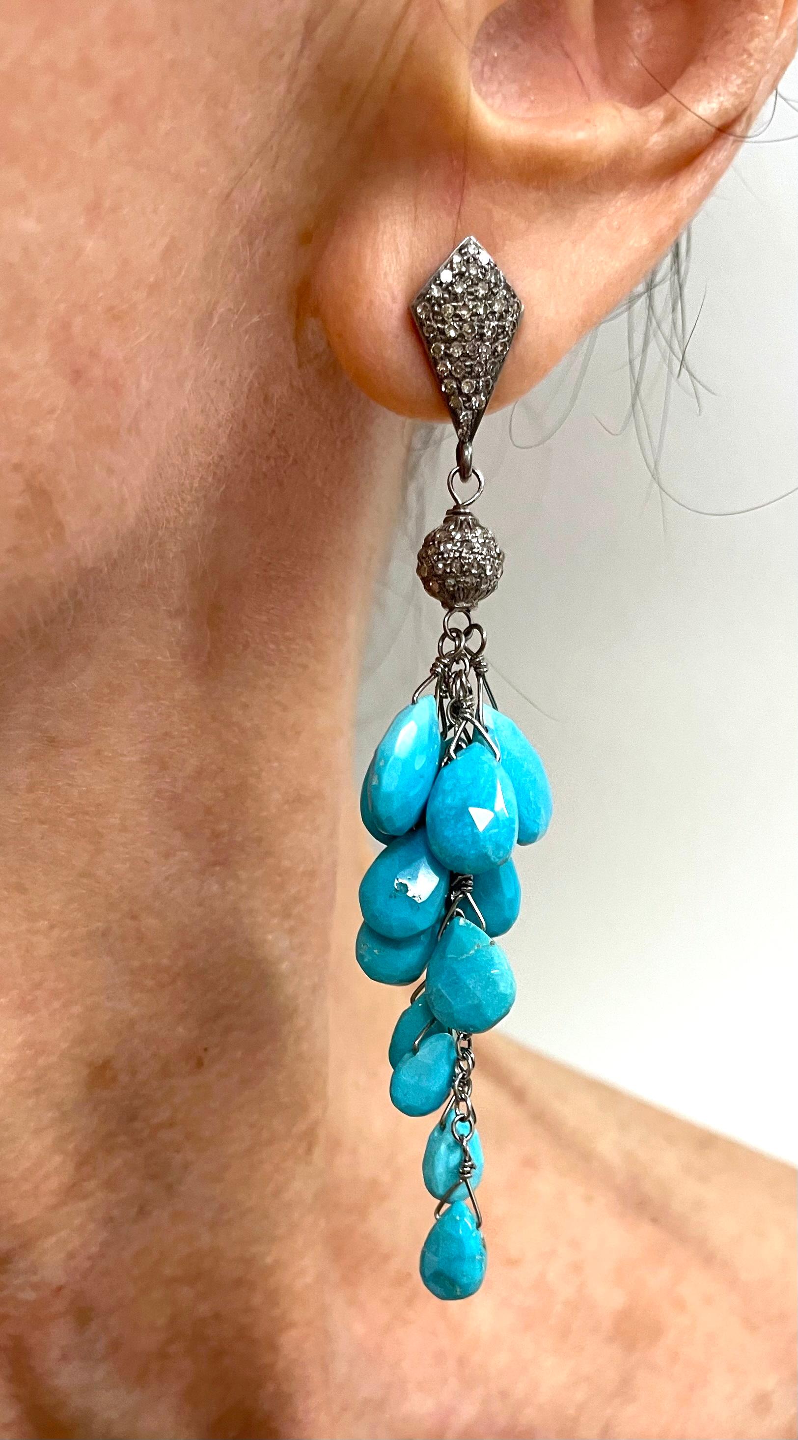 Sleeping Beauty Turquoise with Pave Diamonds Cluster Paradizia Earrings In New Condition For Sale In Laguna Beach, CA