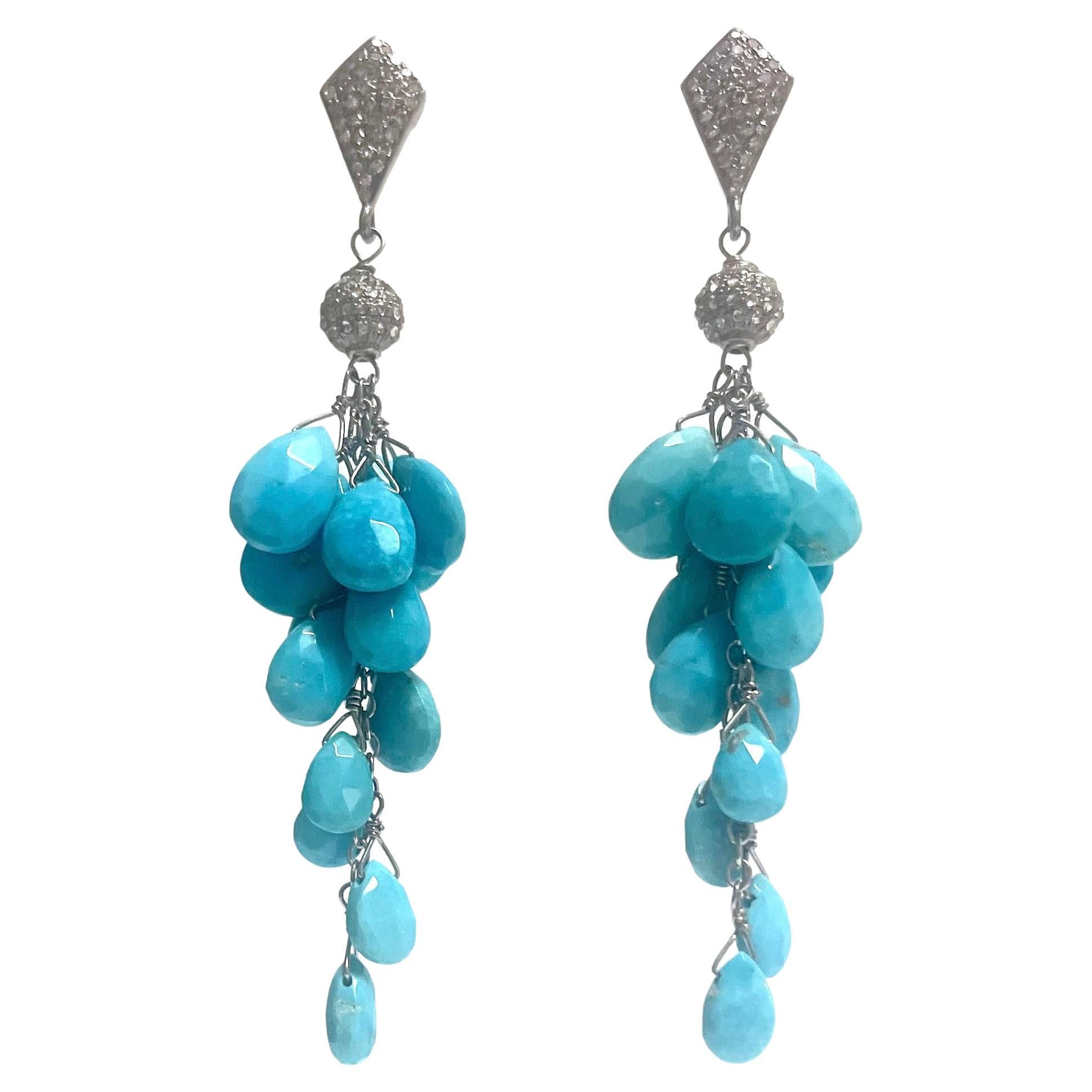  Sleeping Beauty Turquoise with Pave Diamonds Cluster Paradizia Earrings For Sale 1