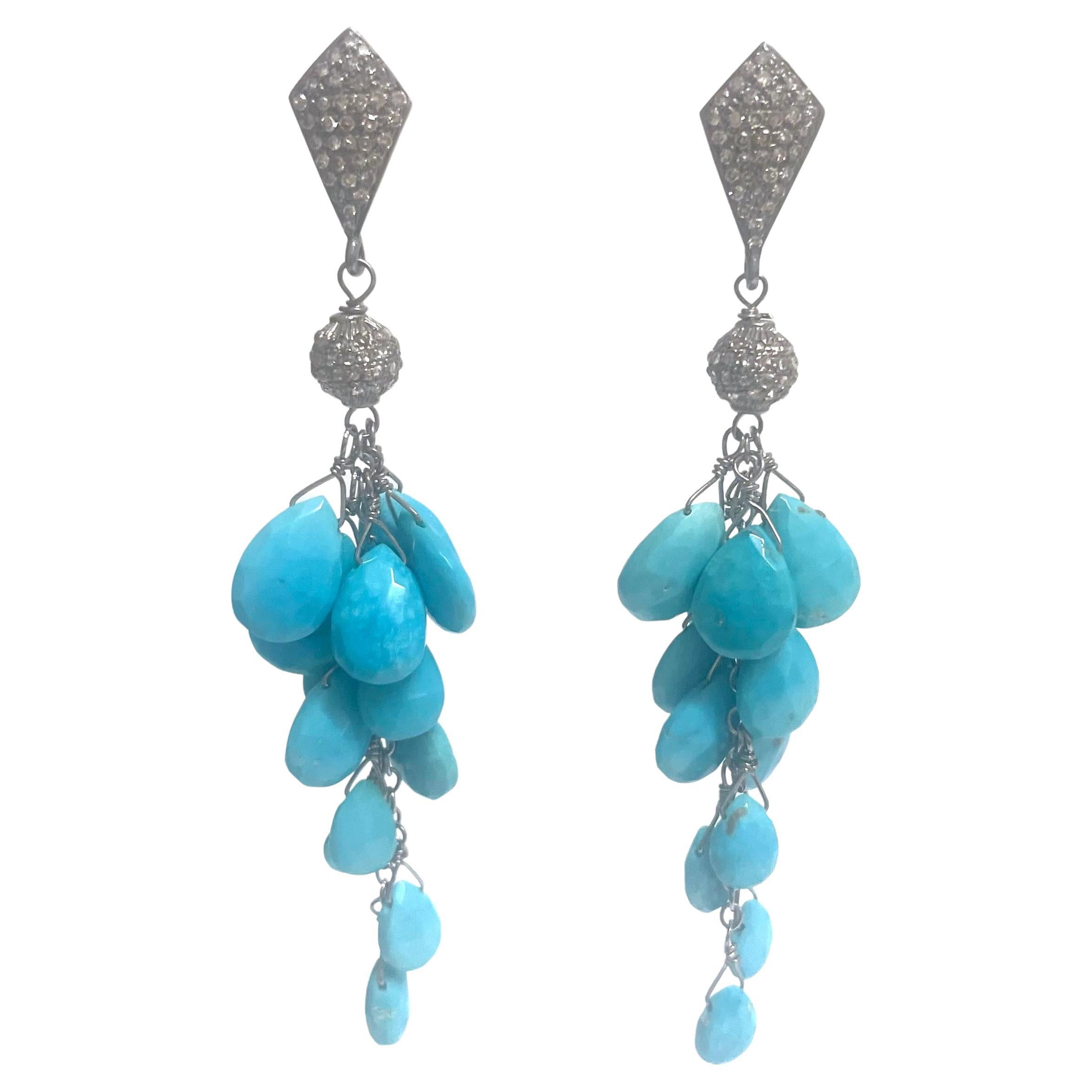  Sleeping Beauty Turquoise with Pave Diamonds Cluster Paradizia Earrings For Sale 2