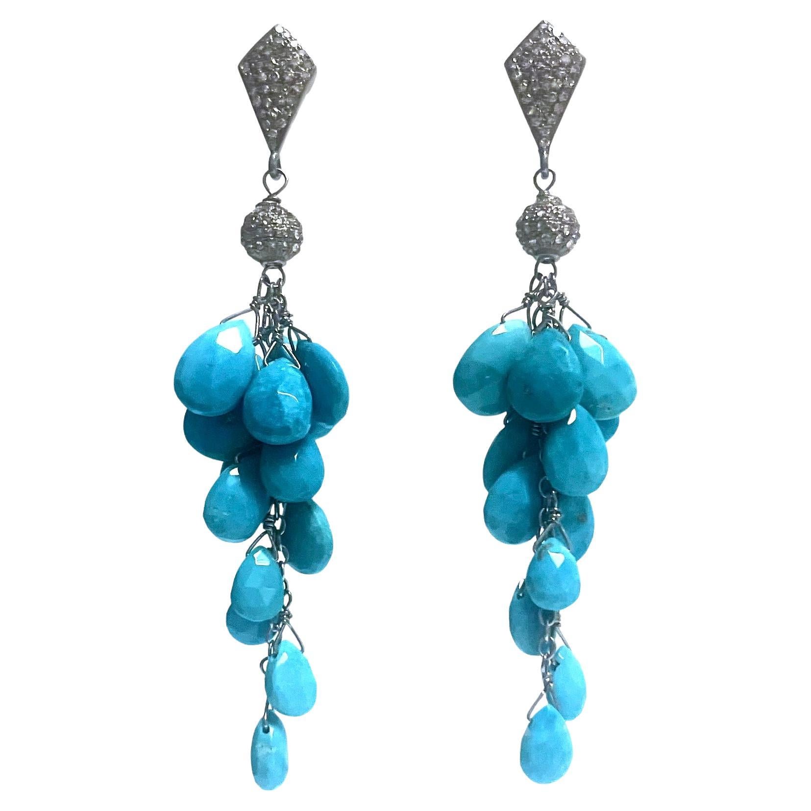  Sleeping Beauty Turquoise with Pave Diamonds Cluster Paradizia Earrings For Sale