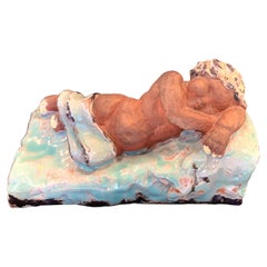 Antique Sleeping Child Bookends, Probably Viennese, with Pale Blue and Yellow Glazes