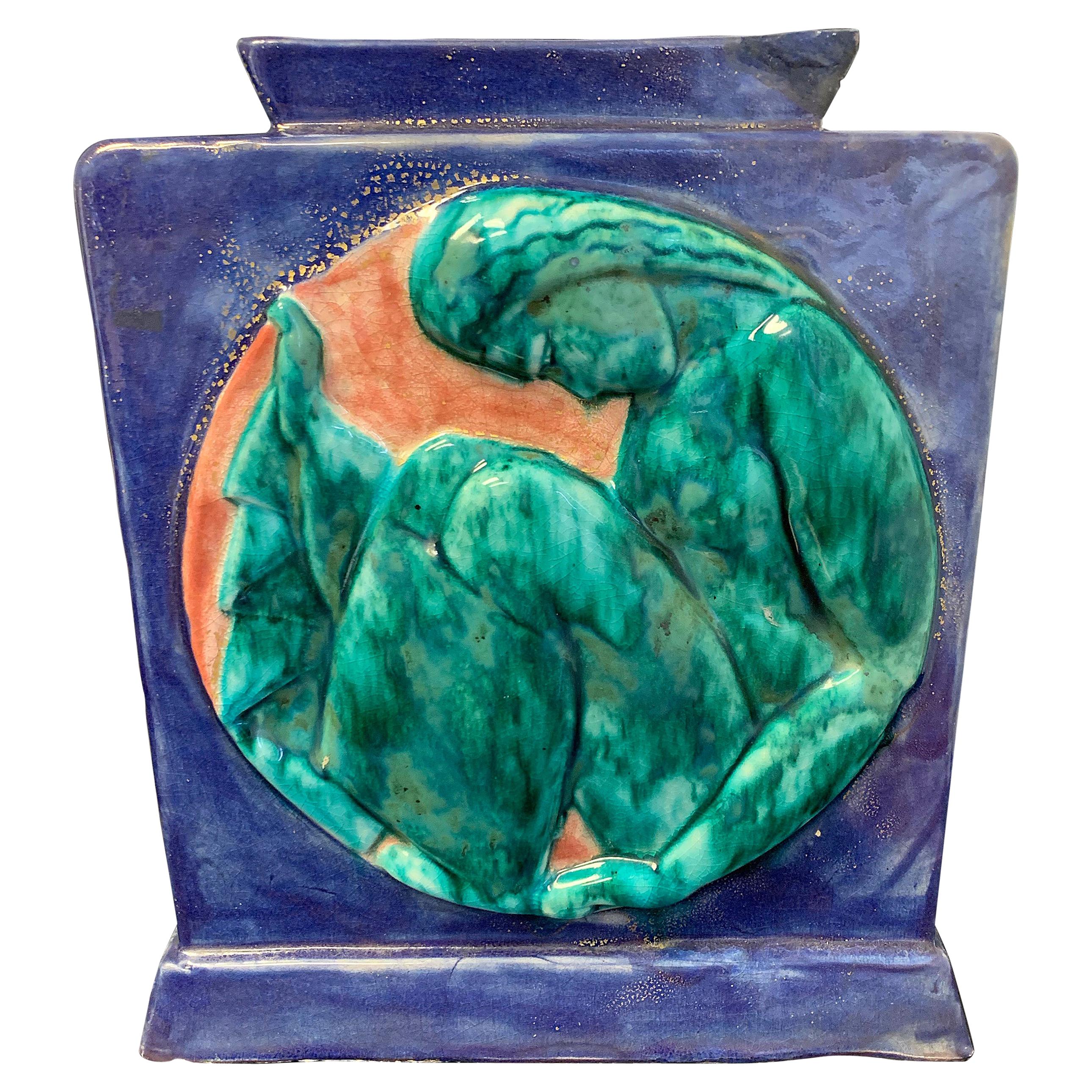 "Sleeping Figure, " Jewel-Toned Art Deco Vase in Jade, Cobalt and Coral by Cazaux
