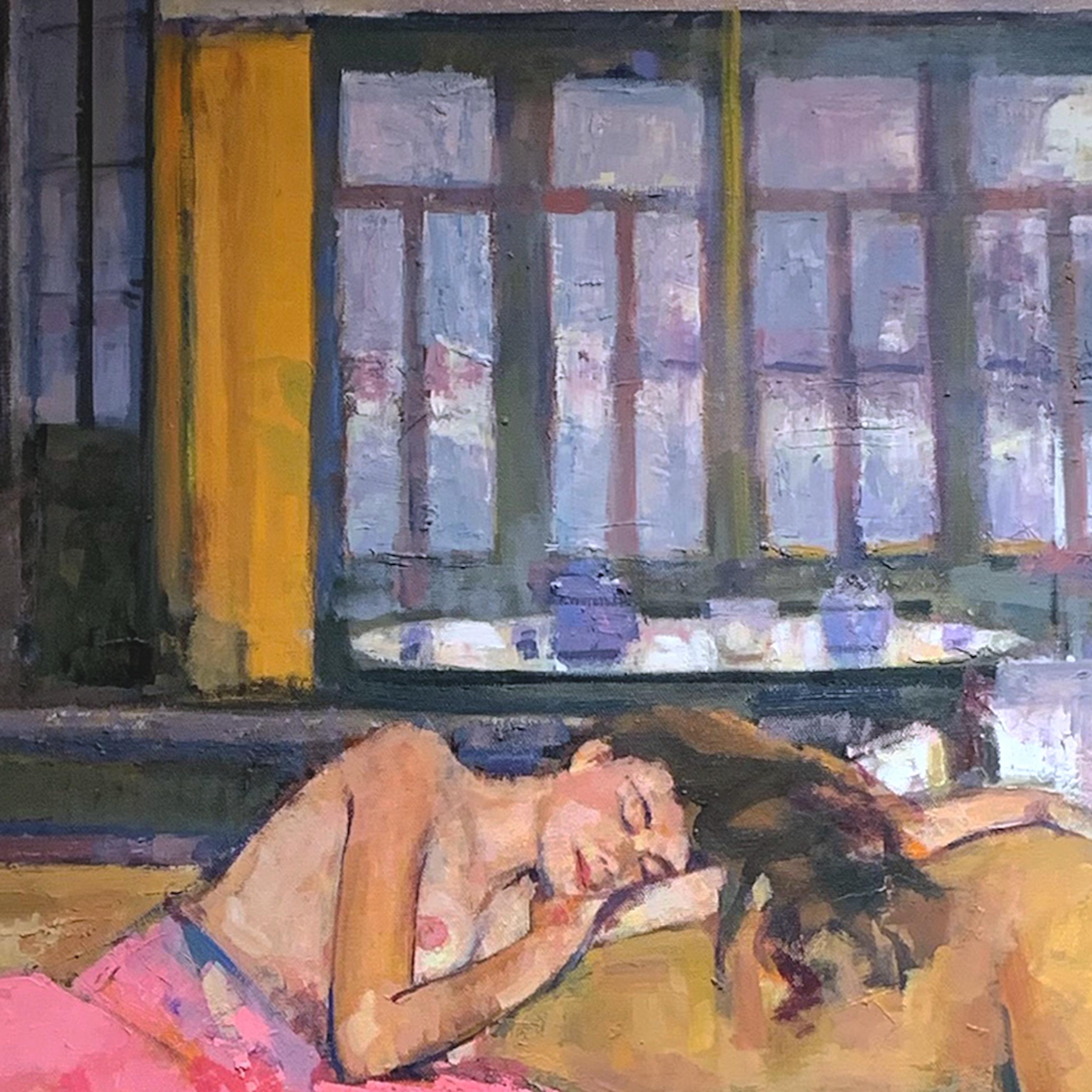 Dipinto a mano Ragazza addormentata sul letto di oppio con natura morta e zucca, Geoffrey Humphries in vendita