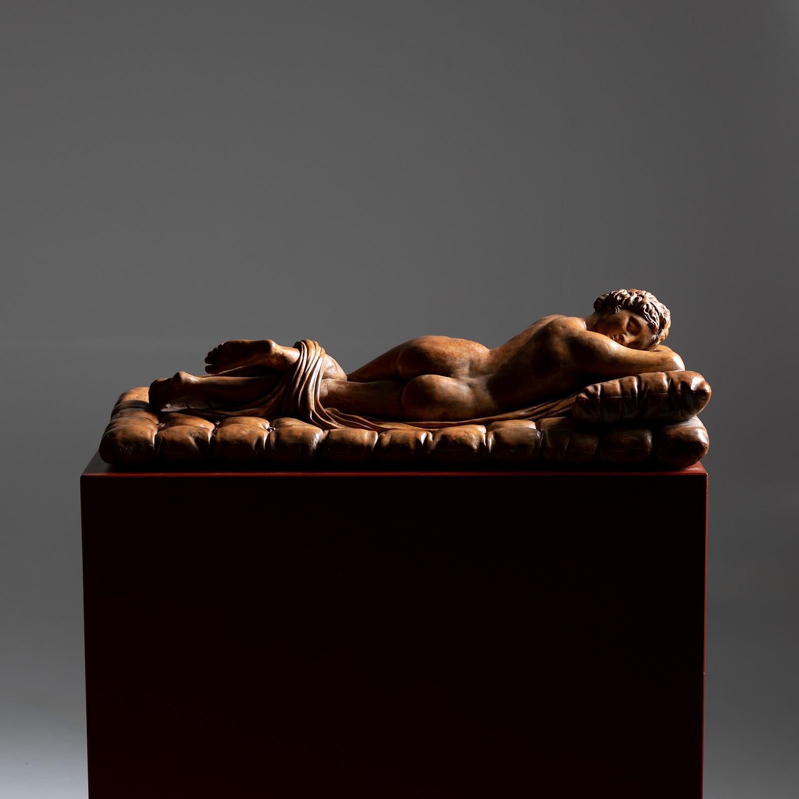 Large terracotta sculpture of the sleeping hermaphrodite after the ancient Hellenistic original from the 2nd century B.C. The terracotta is signed 