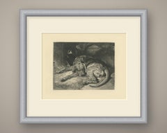 Sleeping Hound with a Plumed Helmet, Antique Etching by W. Wise, circa 1880