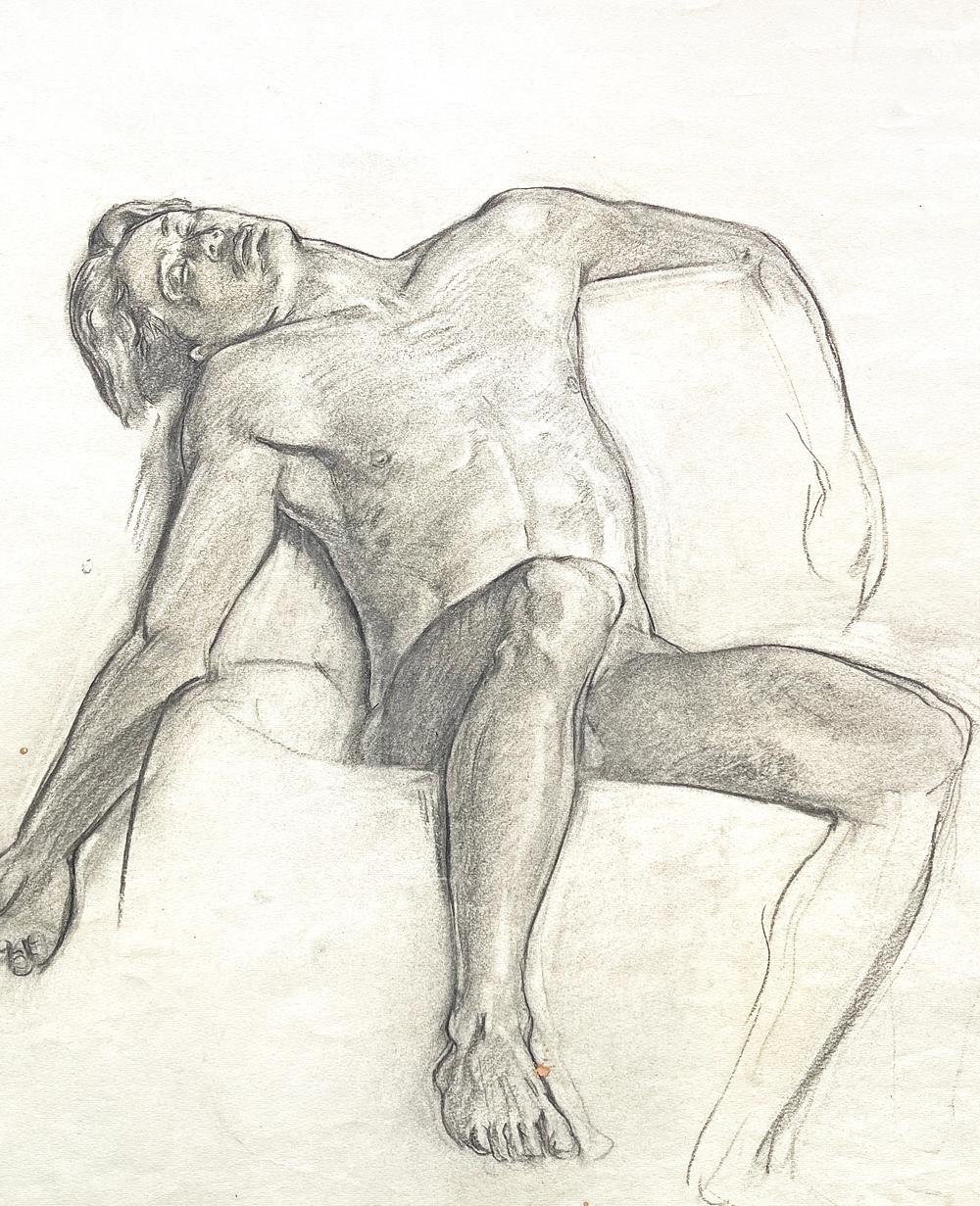 Diese selbstbewusste und meisterhafte Zeichnung eines männlichen Aktes, der sich schlafend in einen Stuhl zurücklehnt und die Arme in alle Richtungen ausstreckt, wurde von Allyn COX angefertigt, wahrscheinlich als Studie für eines seiner