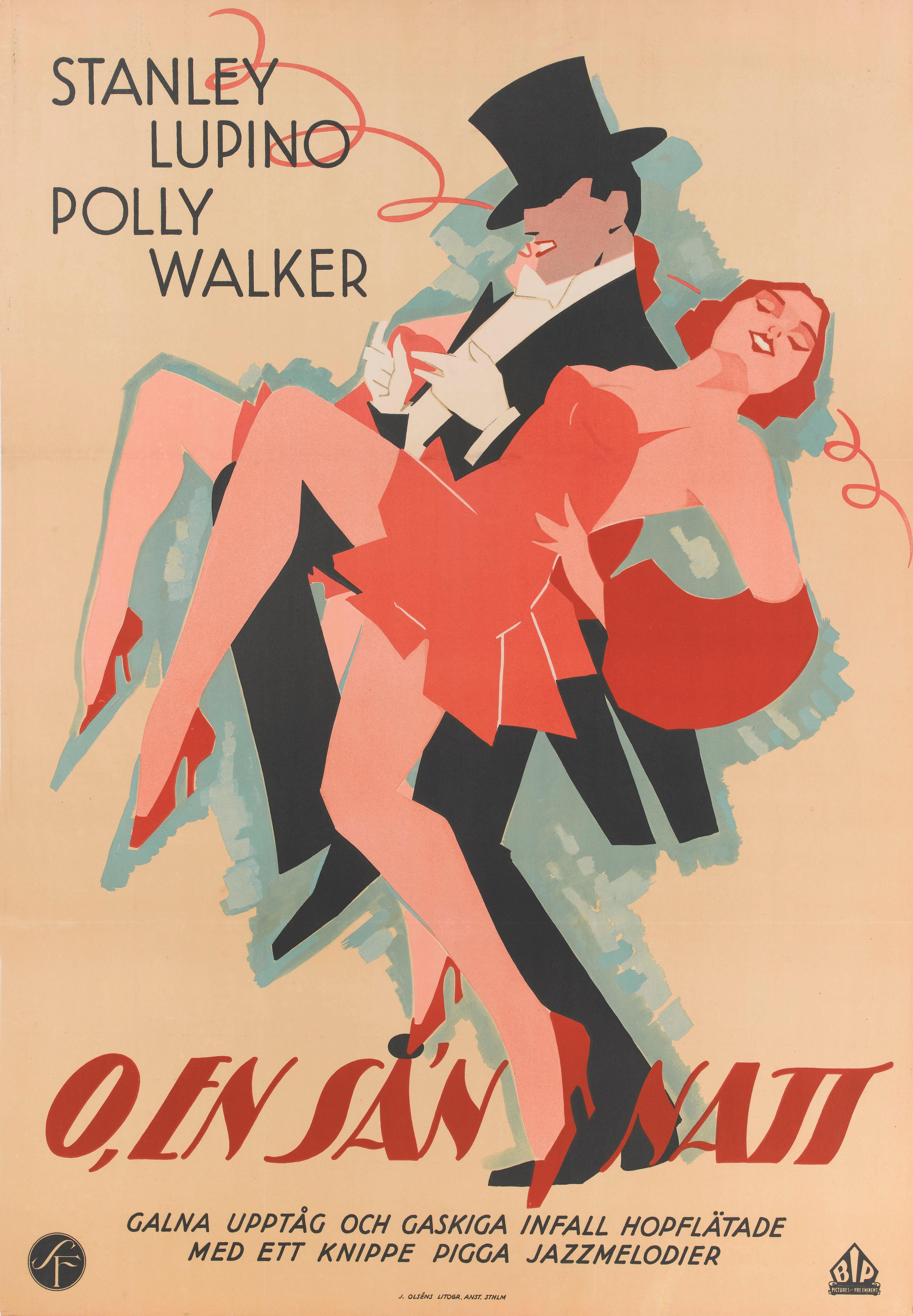 Original Swedish film poster for American 1932 musical Sleepless Nights.
The film was directed by Thomas Bentley starred Stanley Lupino and Polly Walker.
This beautiful Swedish poster was created for the films first Swedish release in 1933.
This