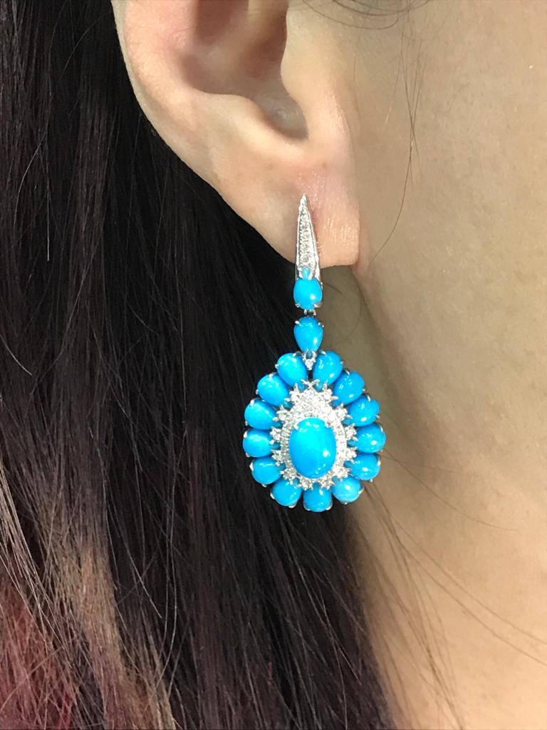 Contemporary Sleepy Beauty Turquoise Diamond Drop Earrings in 14 Karat White Gold