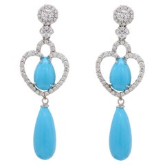 Sleepy Beauty Turquoise Earrings Dangle Blue and Diamonds 14k White Gold