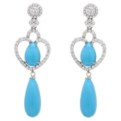 Sleepy Beauty Turquoise Earrings Dangle Blue and Diamonds 14k White Gold