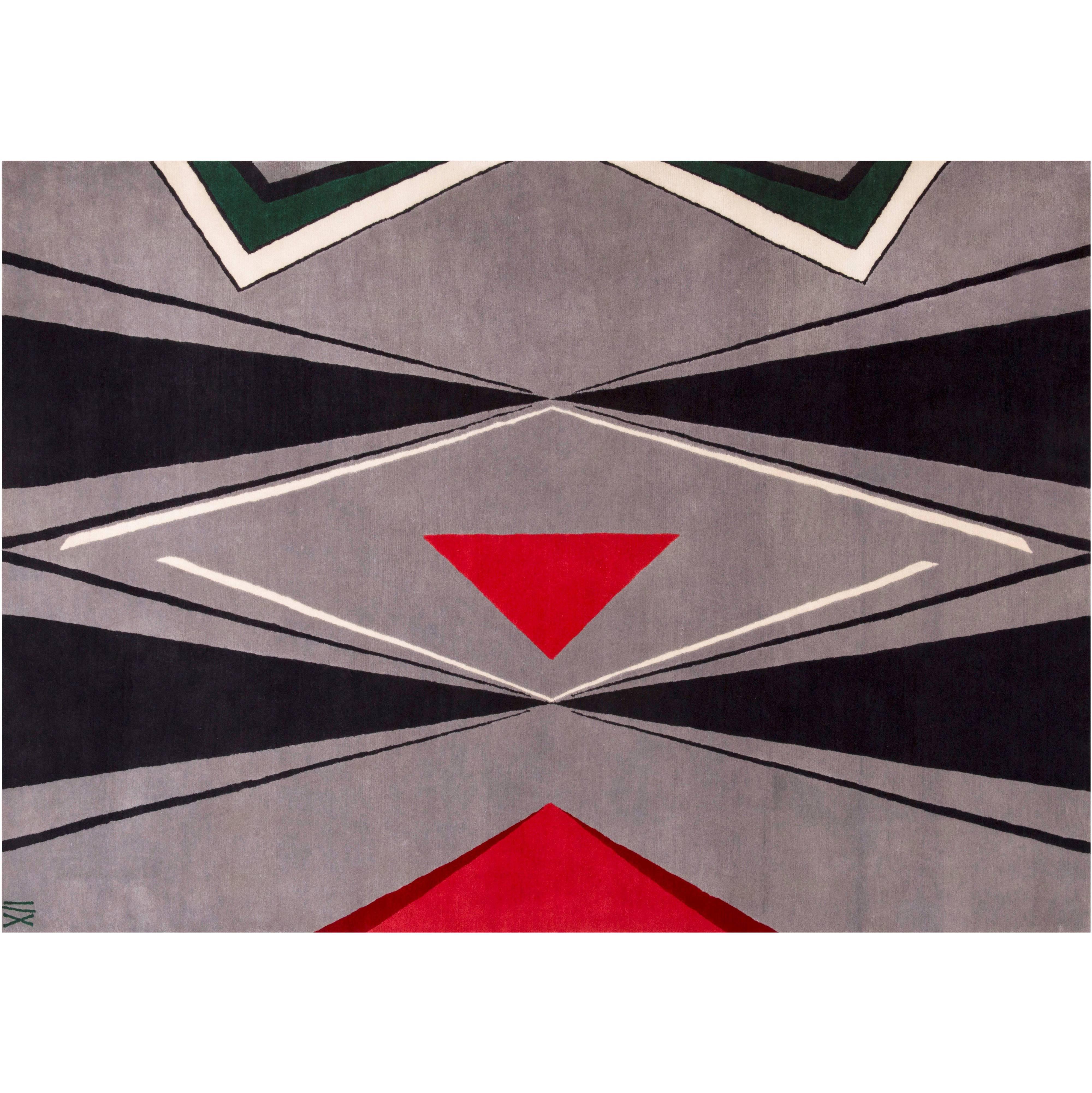 Rug  Cat - Modern Geometric Grey Wool Red Nose Black Green Eyes Animal Carpet