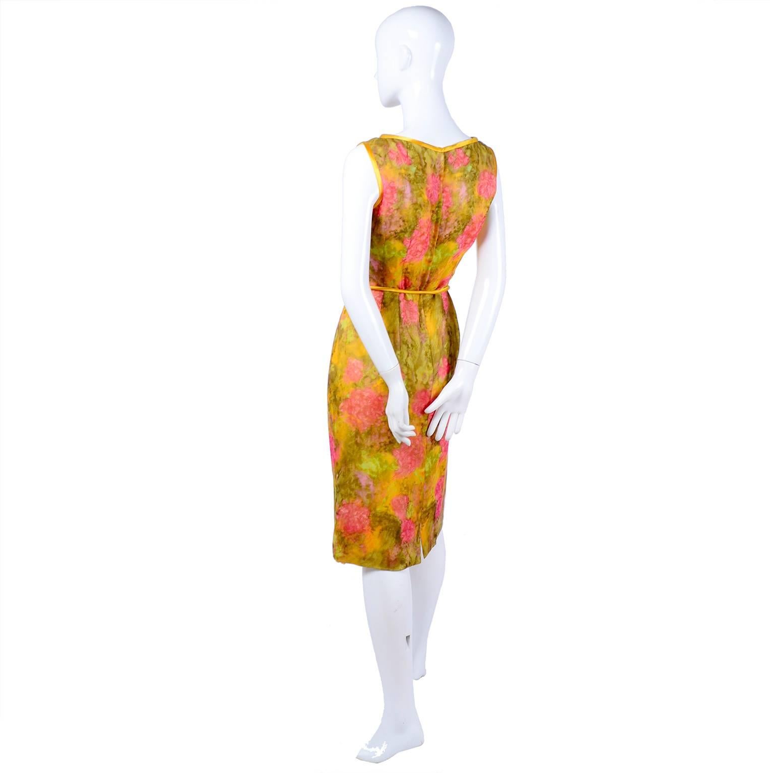 Orange Sleeveless 1960s Dress by Gene Kristeller in Pink, Yellow & Green Floral Silk 