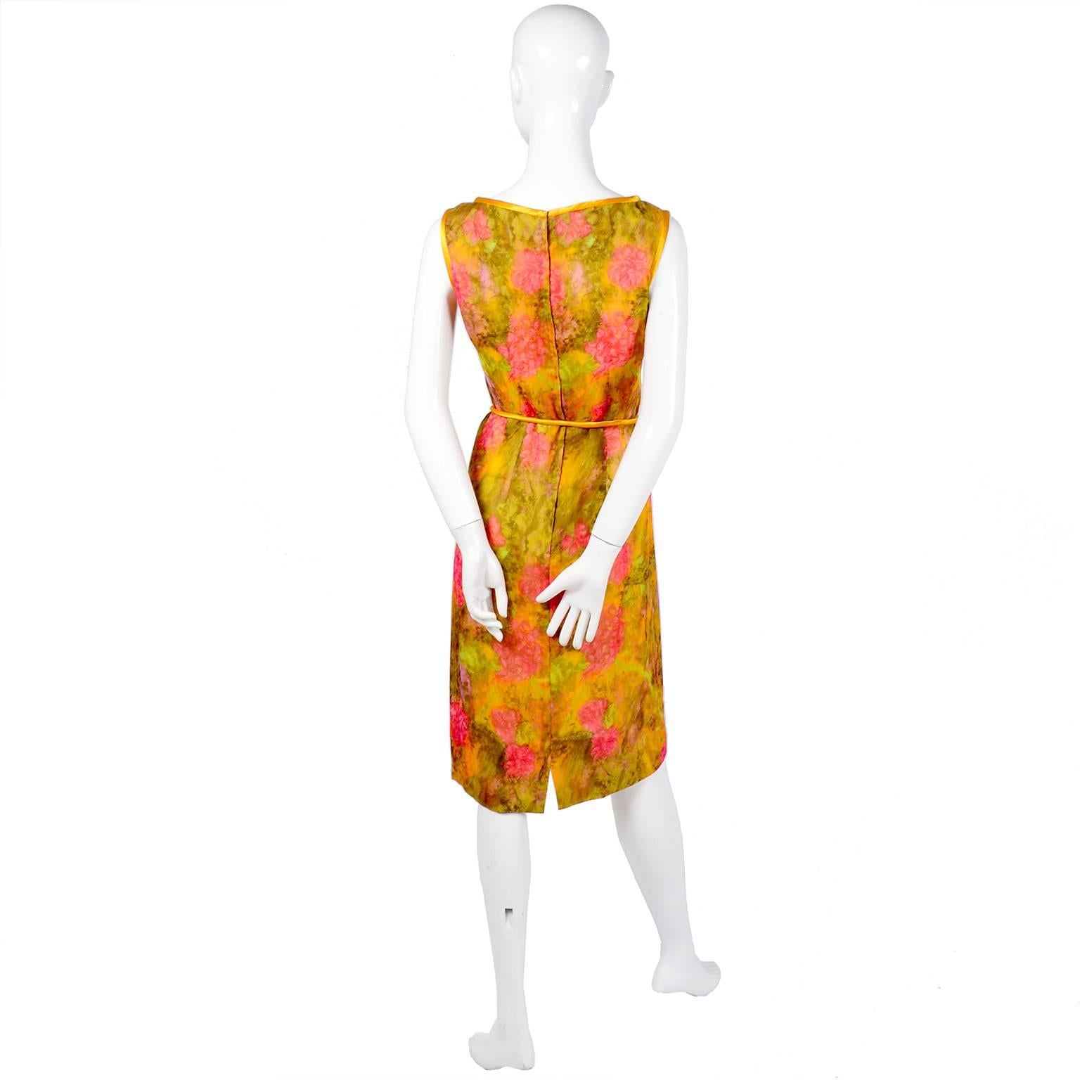 Women's Sleeveless 1960s Dress by Gene Kristeller in Pink, Yellow & Green Floral Silk 