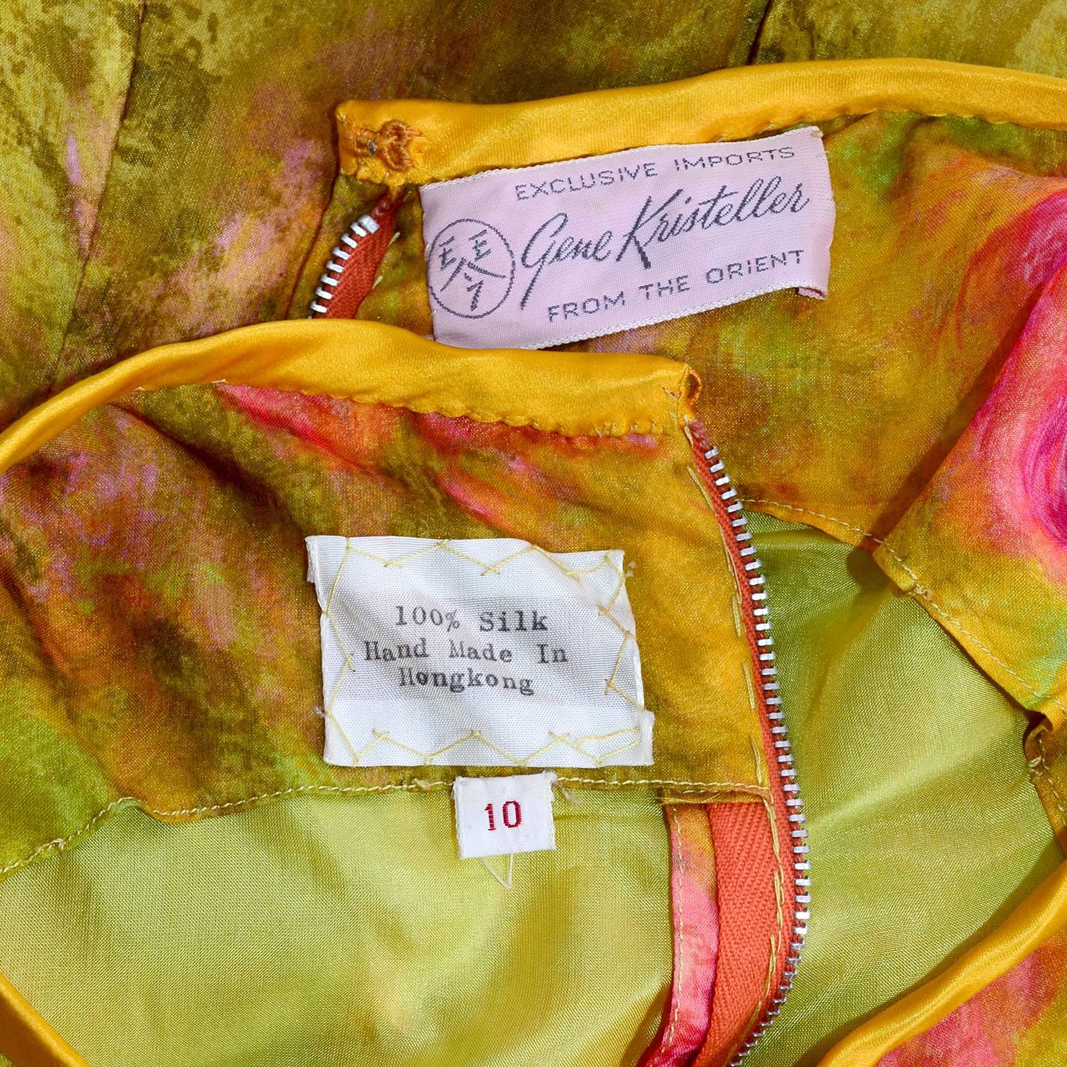 Sleeveless 1960s Dress by Gene Kristeller in Pink, Yellow & Green Floral Silk  1