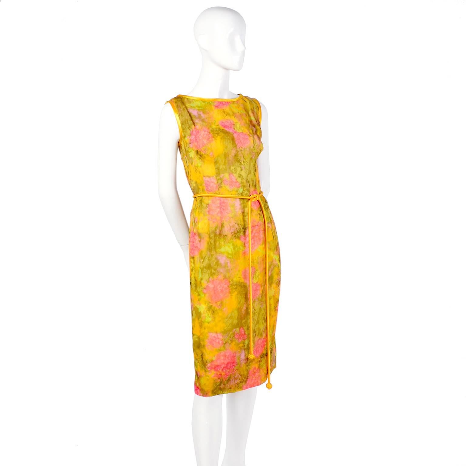 Sleeveless 1960s Dress by Gene Kristeller in Pink, Yellow & Green Floral Silk  2
