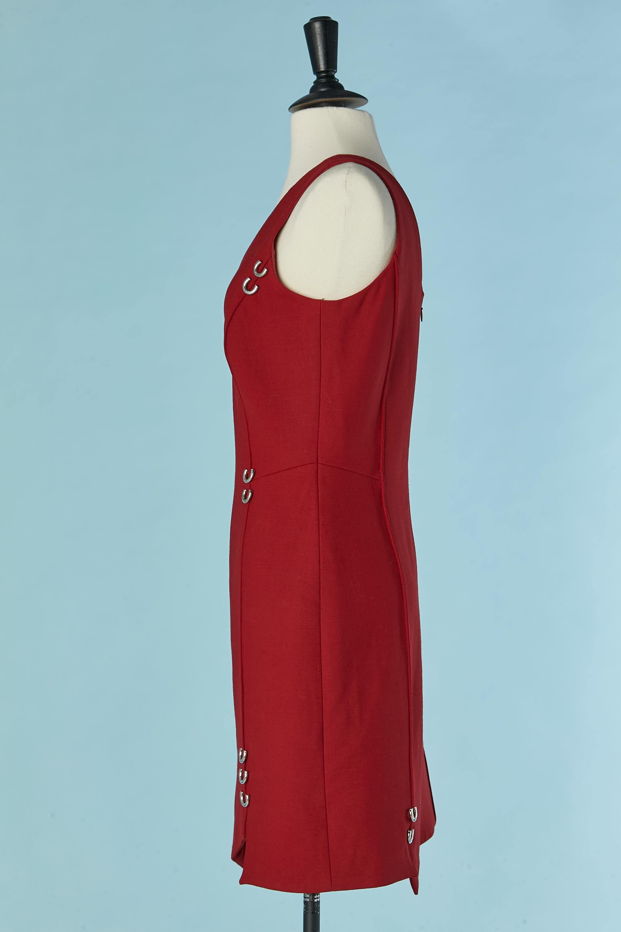 Sleeveless burgundy dress with metal piercing embellishment MUGLER In Excellent Condition For Sale In Saint-Ouen-Sur-Seine, FR