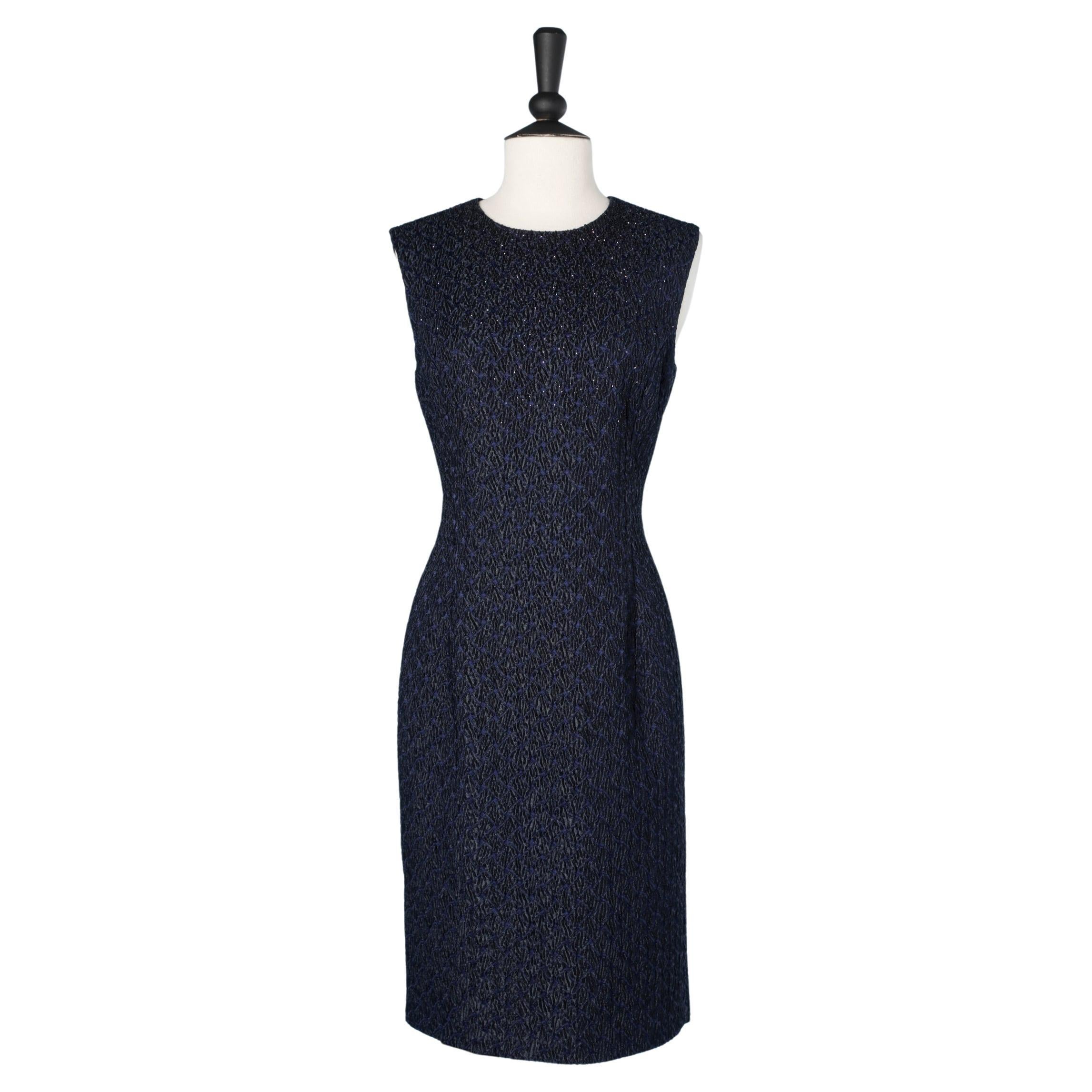 Sleeveless cocktail dress in navy and black jacquard with embroidery Nina Ricci  For Sale