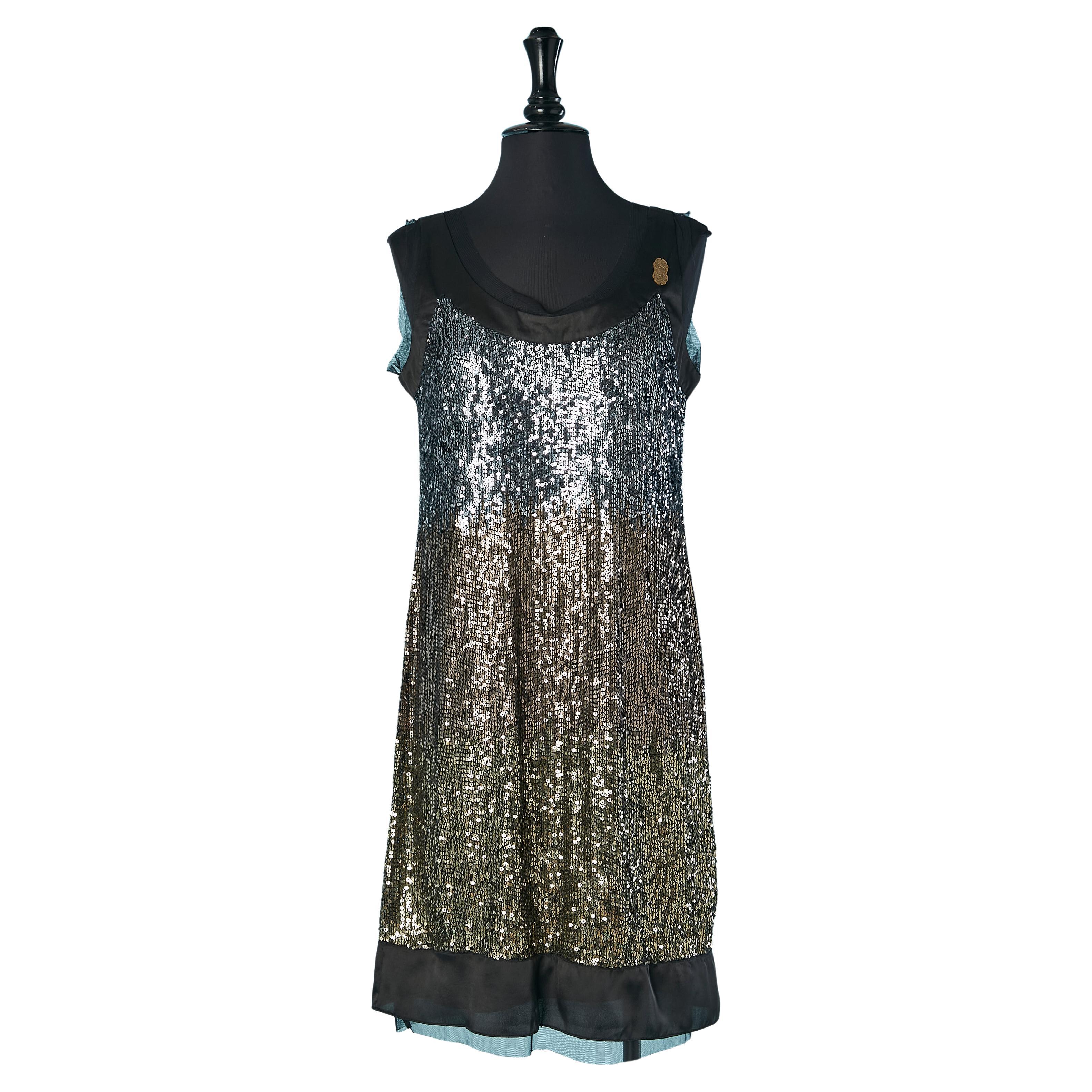 Sleeveless cocktail dress in sequin dégradé from silver to gold GALLIANO For Sale