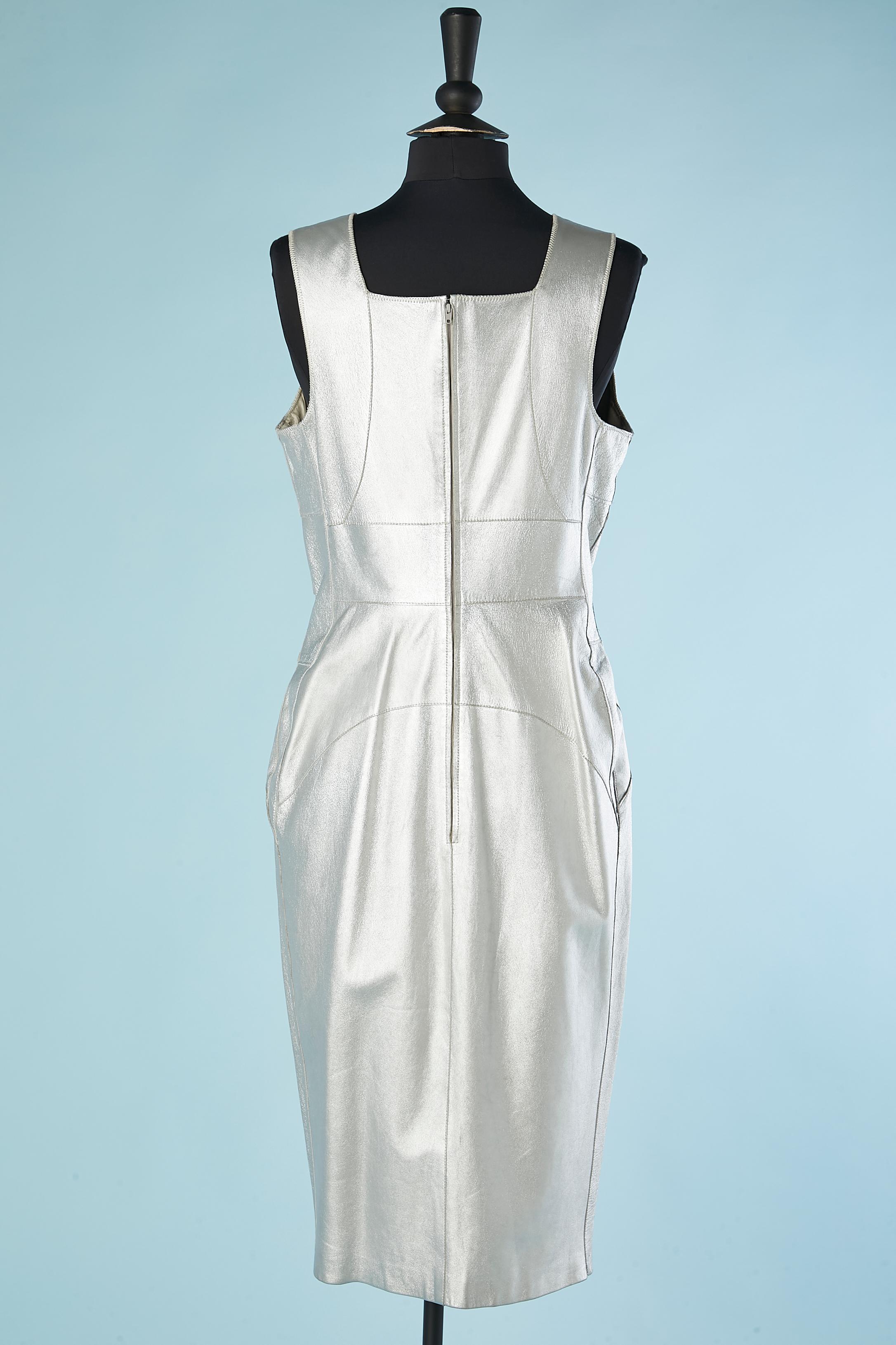 Women's Sleeveless cocktail dress in silver leather with cutwork CHANEL  For Sale