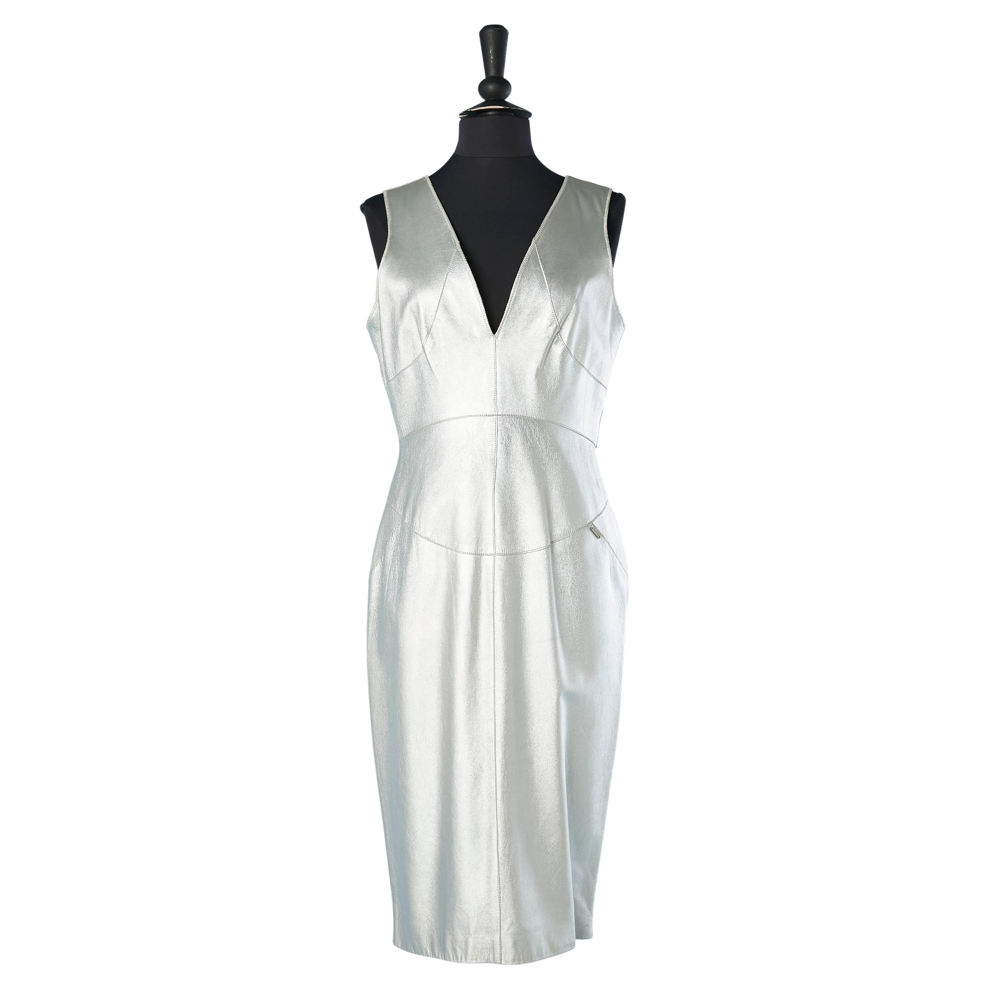 Sleeveless cocktail dress in silver leather with cutwork CHANEL  For Sale