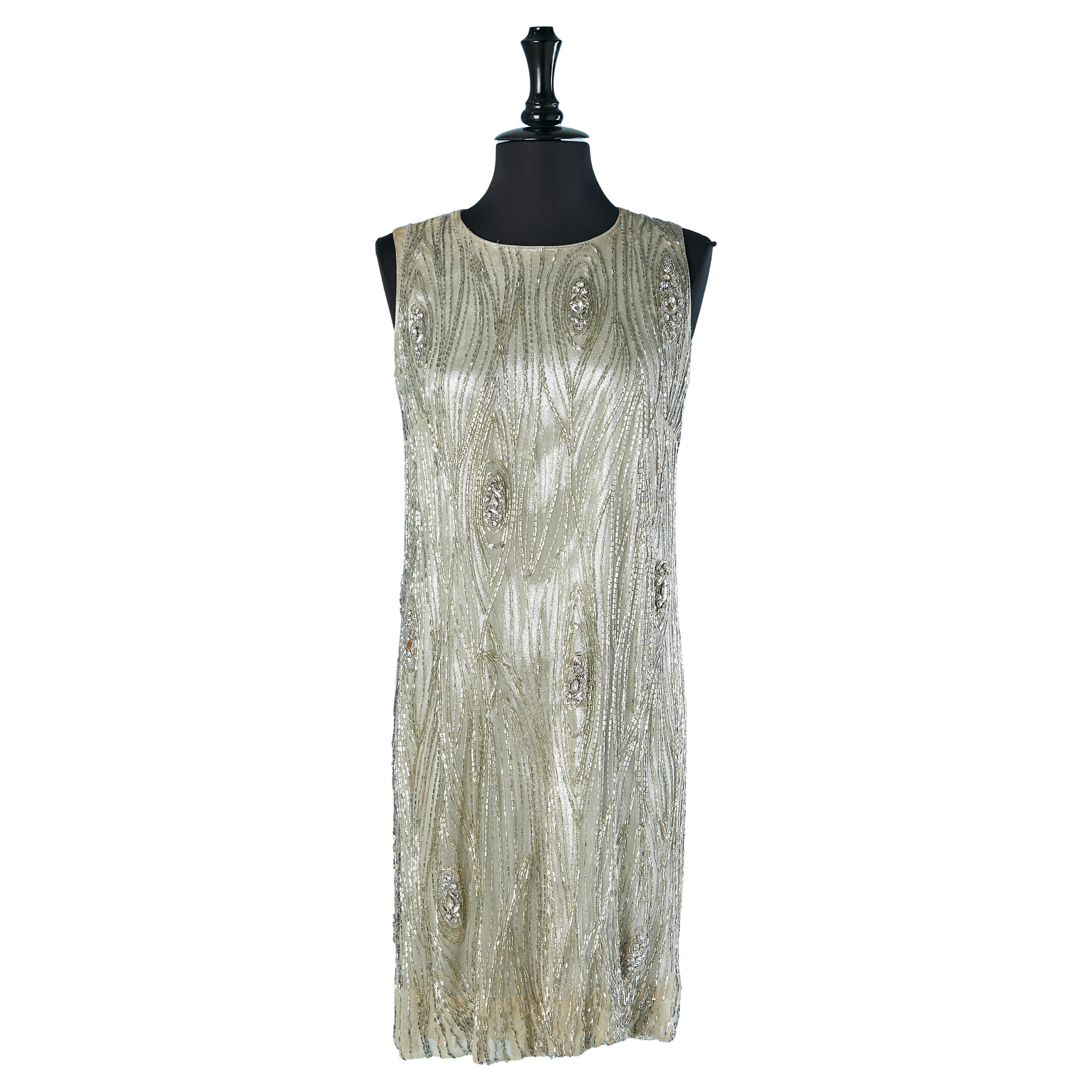 Sleeveless cocktail dress with beadwork and rhinestone embellishment Circa 1960 For Sale