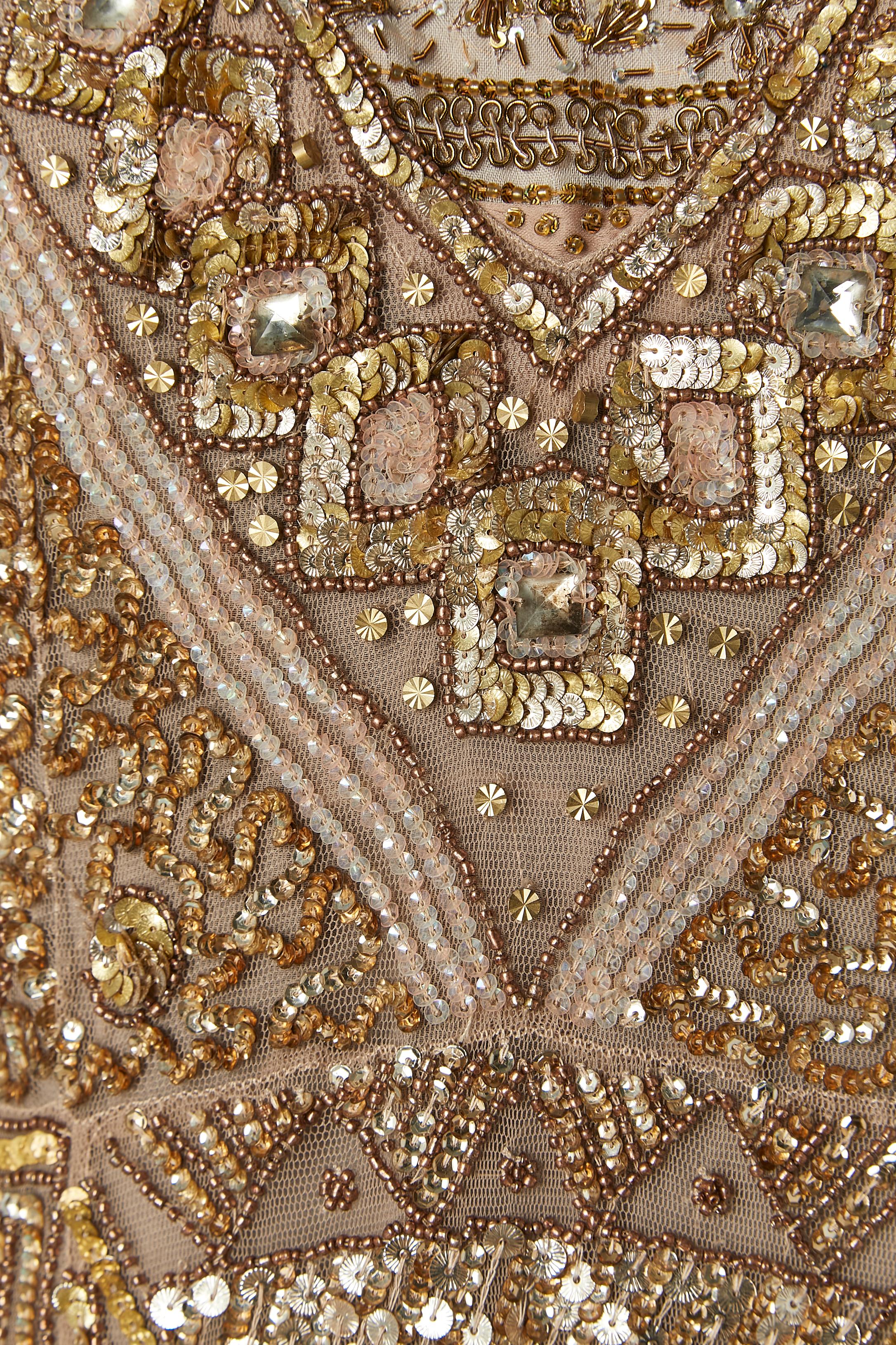 Brown Sleeveless cocktail dress with gold sequin embroideries 1920's style For Sale