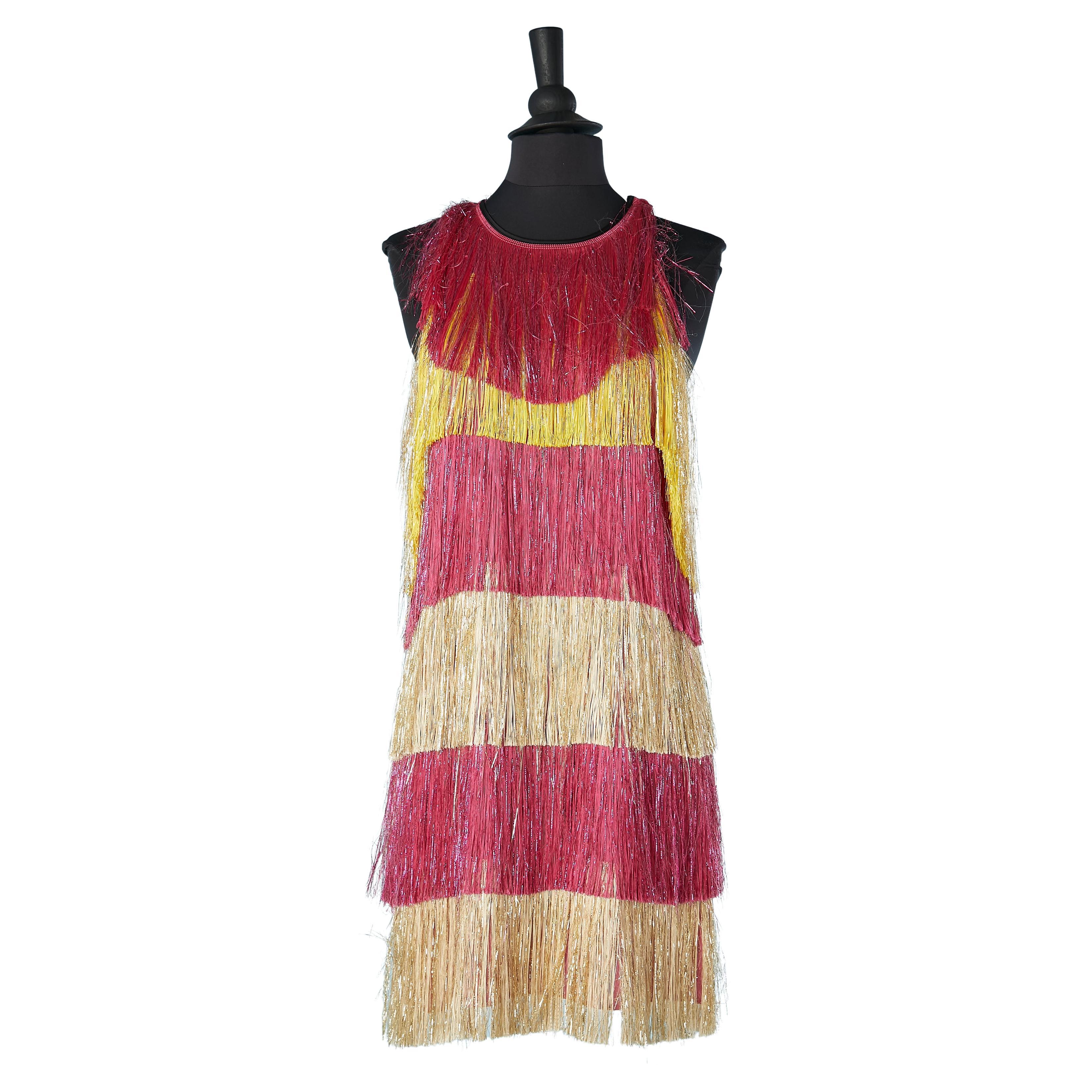 Sleeveless cocktail dress with shiny and colorfull fringes Simona Corsellini  For Sale