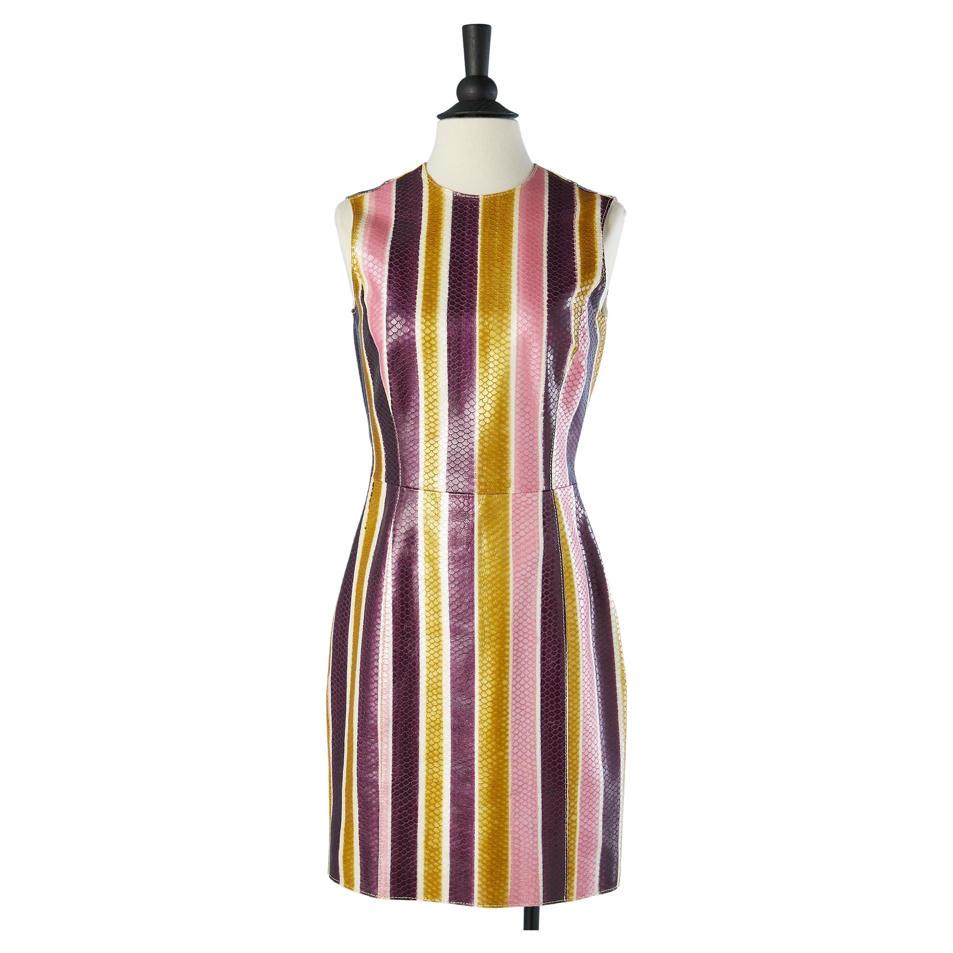  Sleeveless dress in leather with python pattern and stripes Versace Collection  For Sale