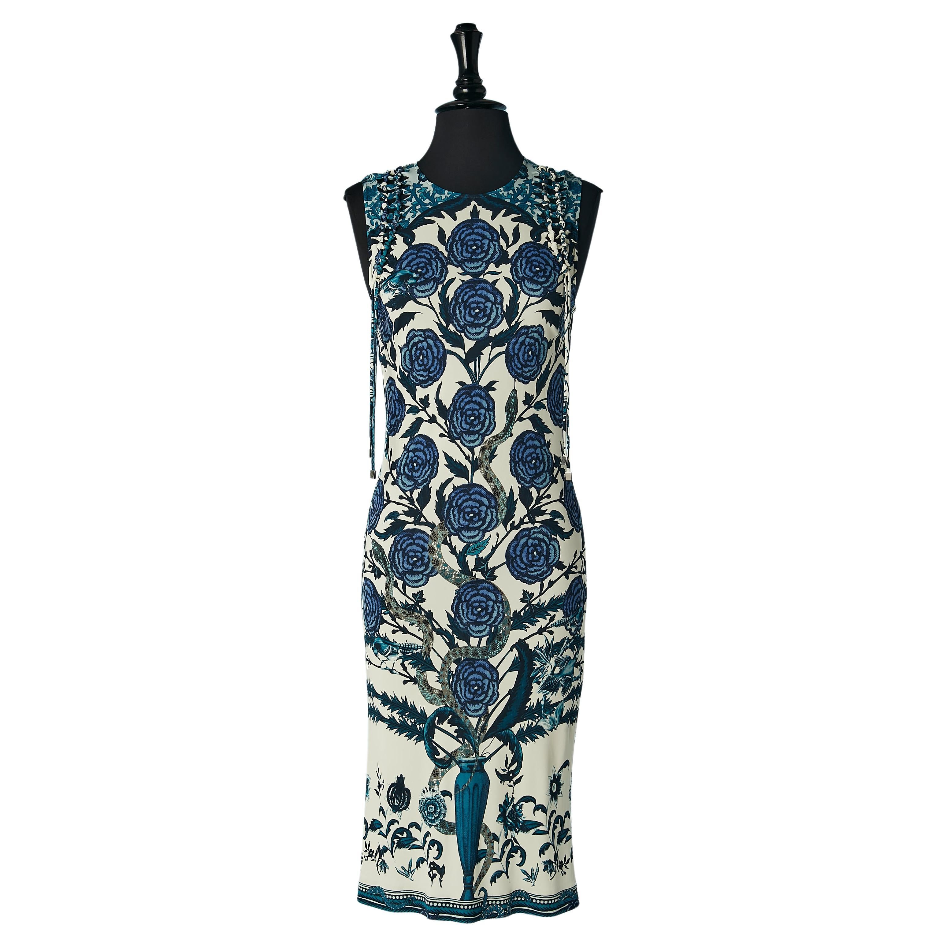 Sleeveless dress in rayon with flower and snake print Roberto Cavalli  For Sale