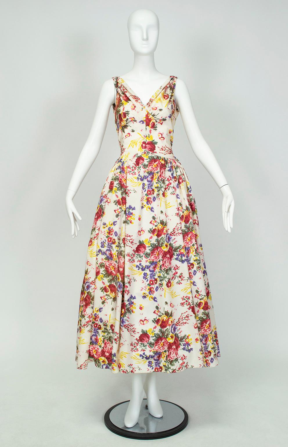 With a neckline worthy of Ava Gardner, this dress begs to be worn to an outdoor wedding, seaside picnic or Easter brunch. Its girlish, feminine print is perfectly offset by an alluring plunge bodice and rustling ankle-length skirt. A dead ringer for