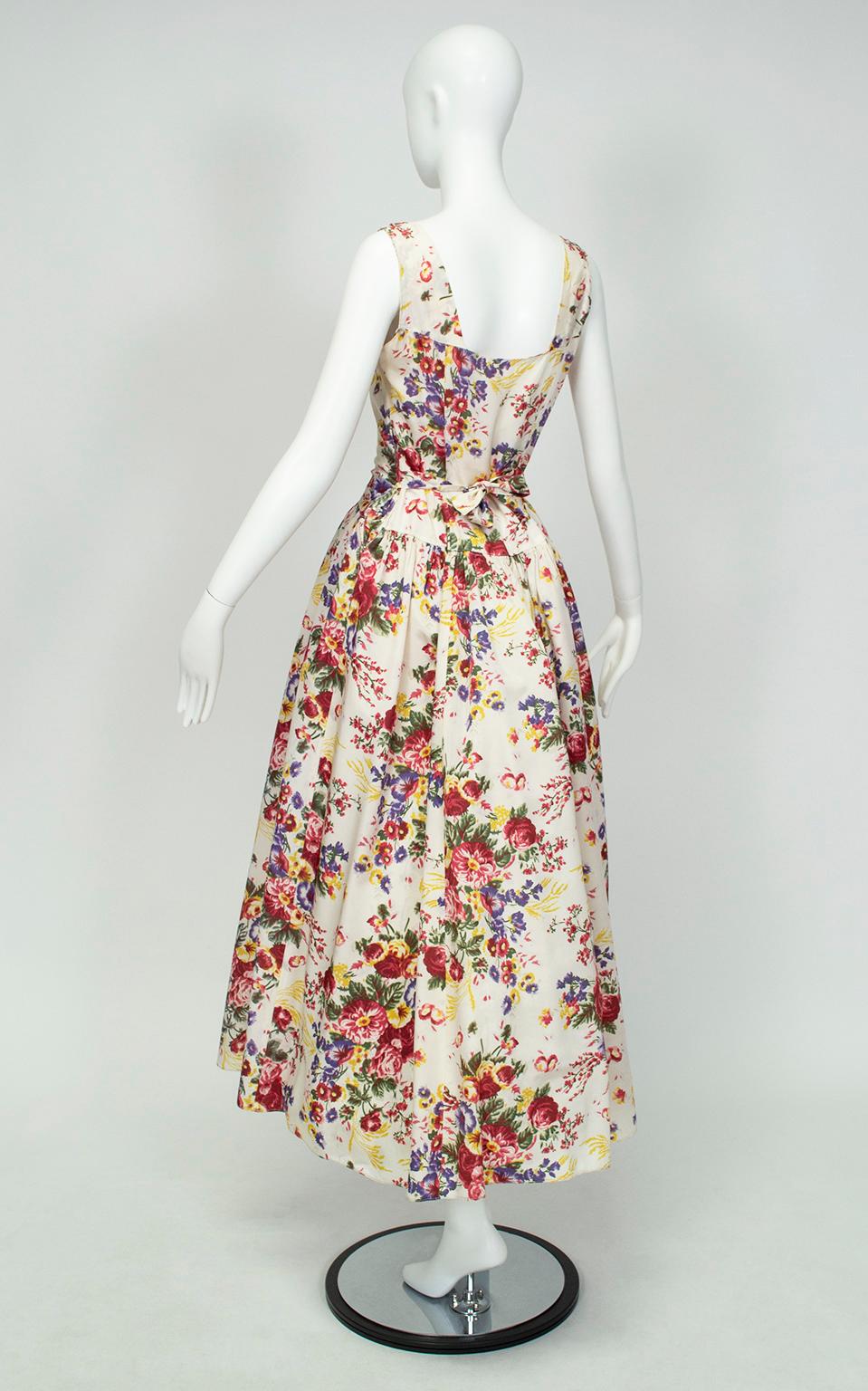 Beige Sleeveless Floral Sweetheart Patio Gown Sundress with Full Skirt – XXS, 1930s